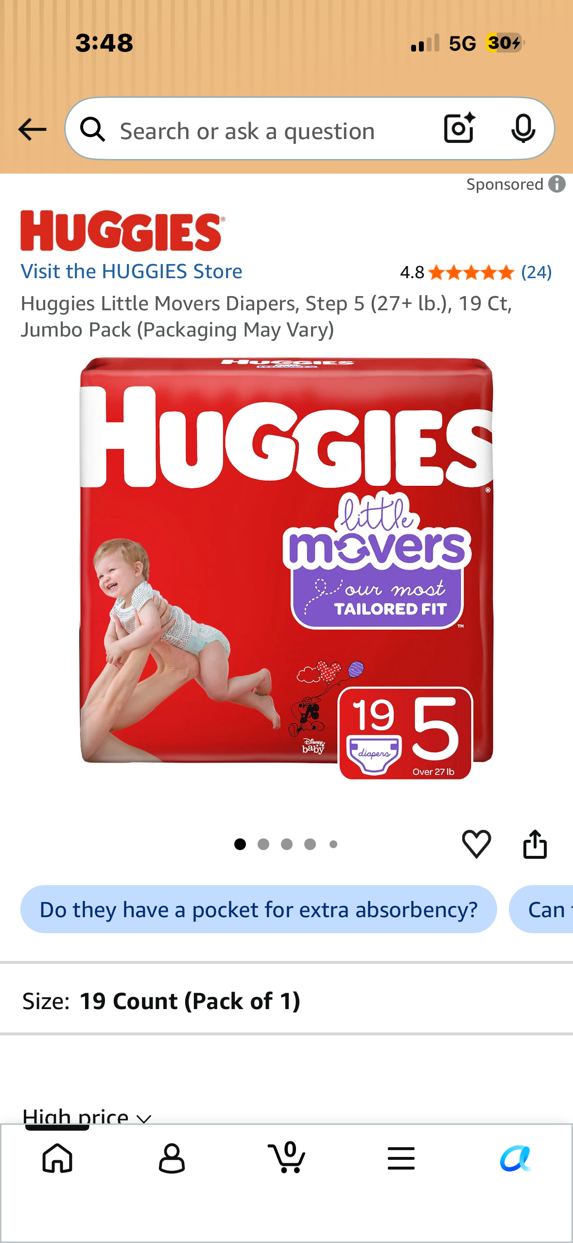 Huggies Little Movers Diapers, Step 5 (27+ lb.), 19 Ct, Jumbo Pack