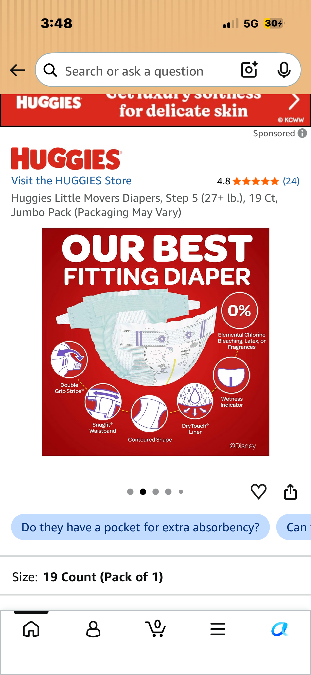 Huggies Little Movers Diapers, Step 5 (27+ lb.), 19 Ct, Jumbo Pack