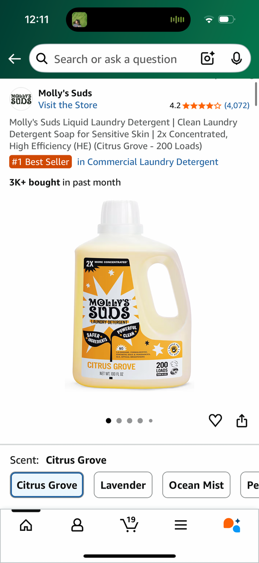 Molly's Suds Liquid Laundry Detergent | Clean Laundry Detergent Soap for Sensitive Skin | 2x Concentrated, High Efficiency (HE) (Citrus Grove - 200 Loads)