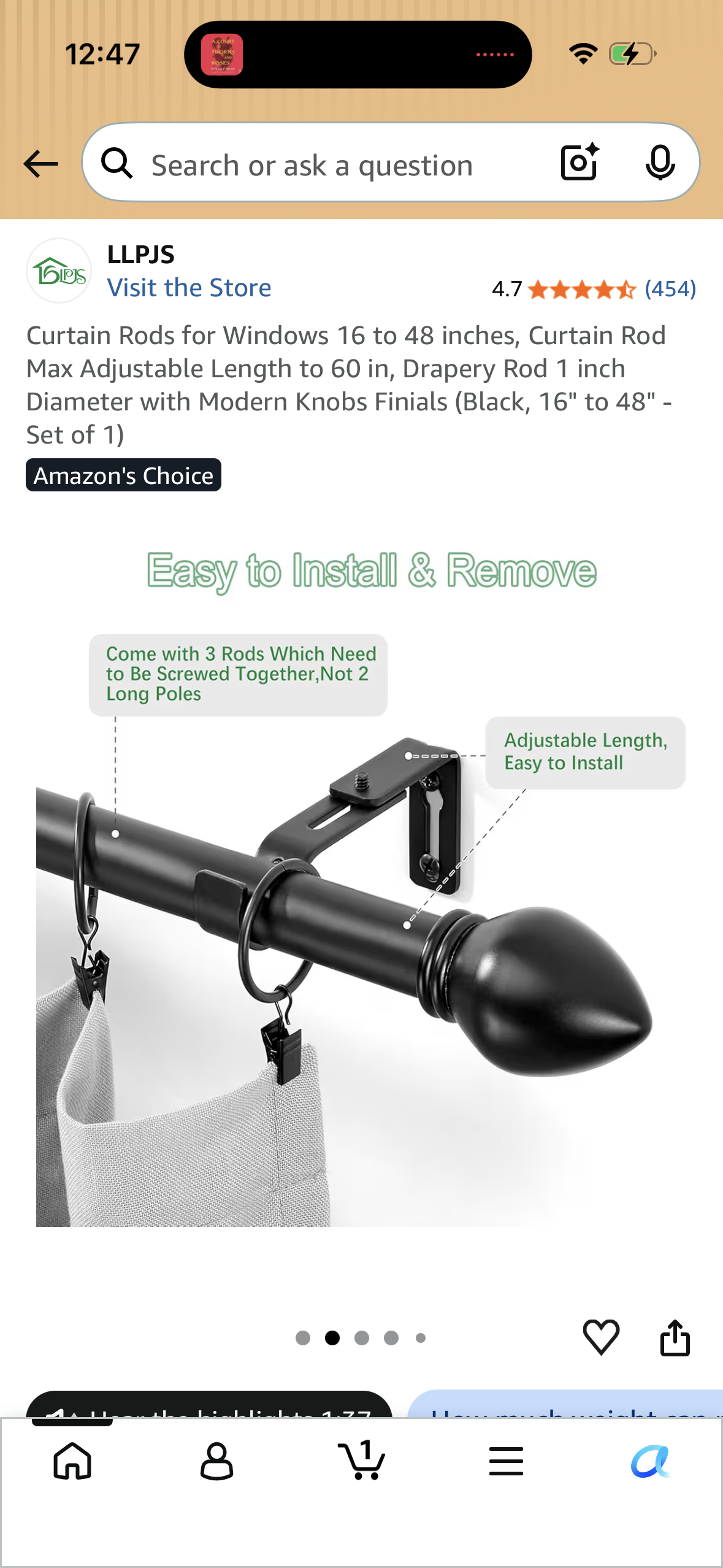 Curtain Rods for Windows 16 to 48 inches, Curtain Rod Max Adjustable Length to 60 in, Drapery Rod 1 inch Diameter with Modern Knobs Finials (Black, 16" to 48" - Set of 1)
