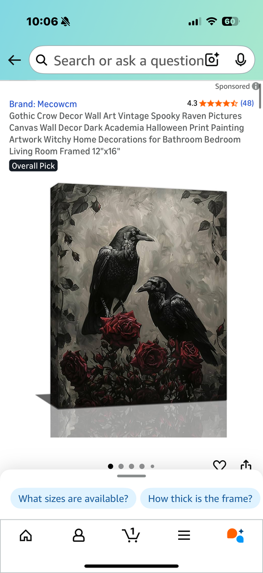 Gothic Crow Decor Wall Art Vintage Spooky Raven Pictures Canvas Wall Decor Dark Academia Halloween Print Painting Artwork Witchy Home Decorations for Bathroom Bedroom Living Room Framed 12"x16
