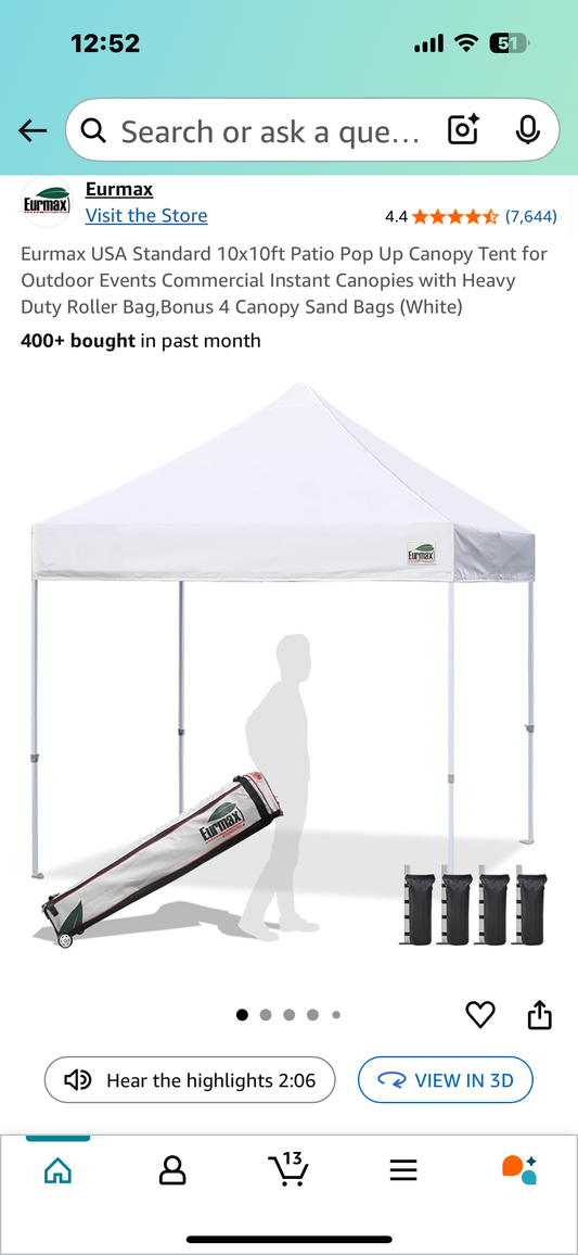 Eurmax USA Standard 10x10ft Patio Pop Up Canopy Tent for Outdoor Events, Commercial  Canopy with Heavy Duty Roller Bag,(White) (G802)