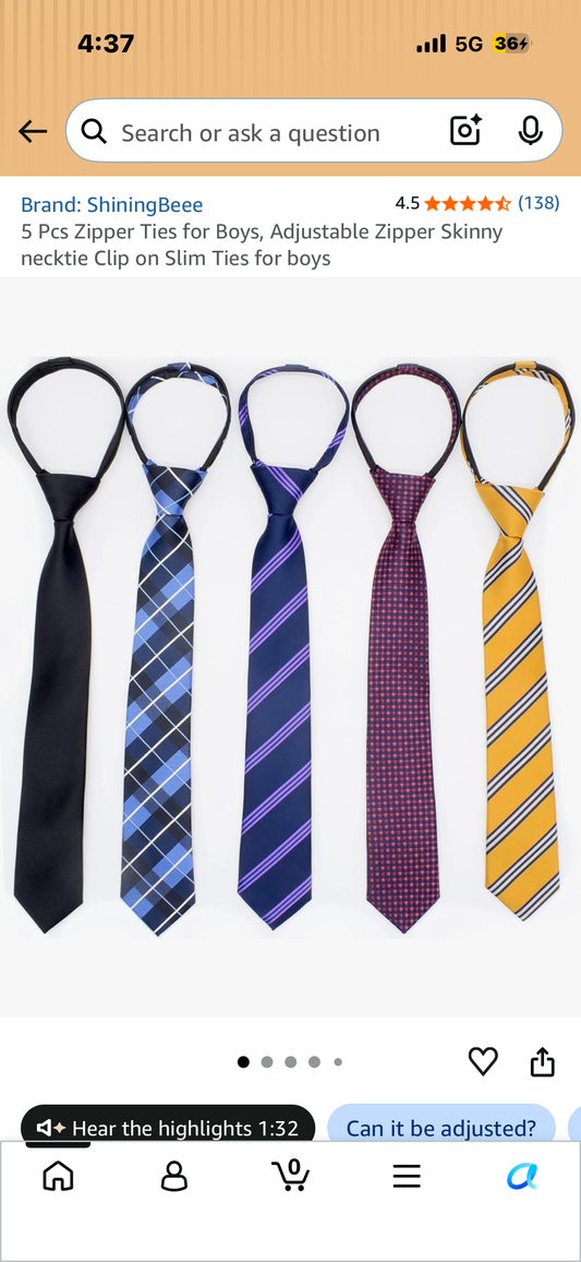 5 Pcs Zipper Ties for Boys, Adjustable Zipper Skinny necktie Clip on Slim Ties for boys