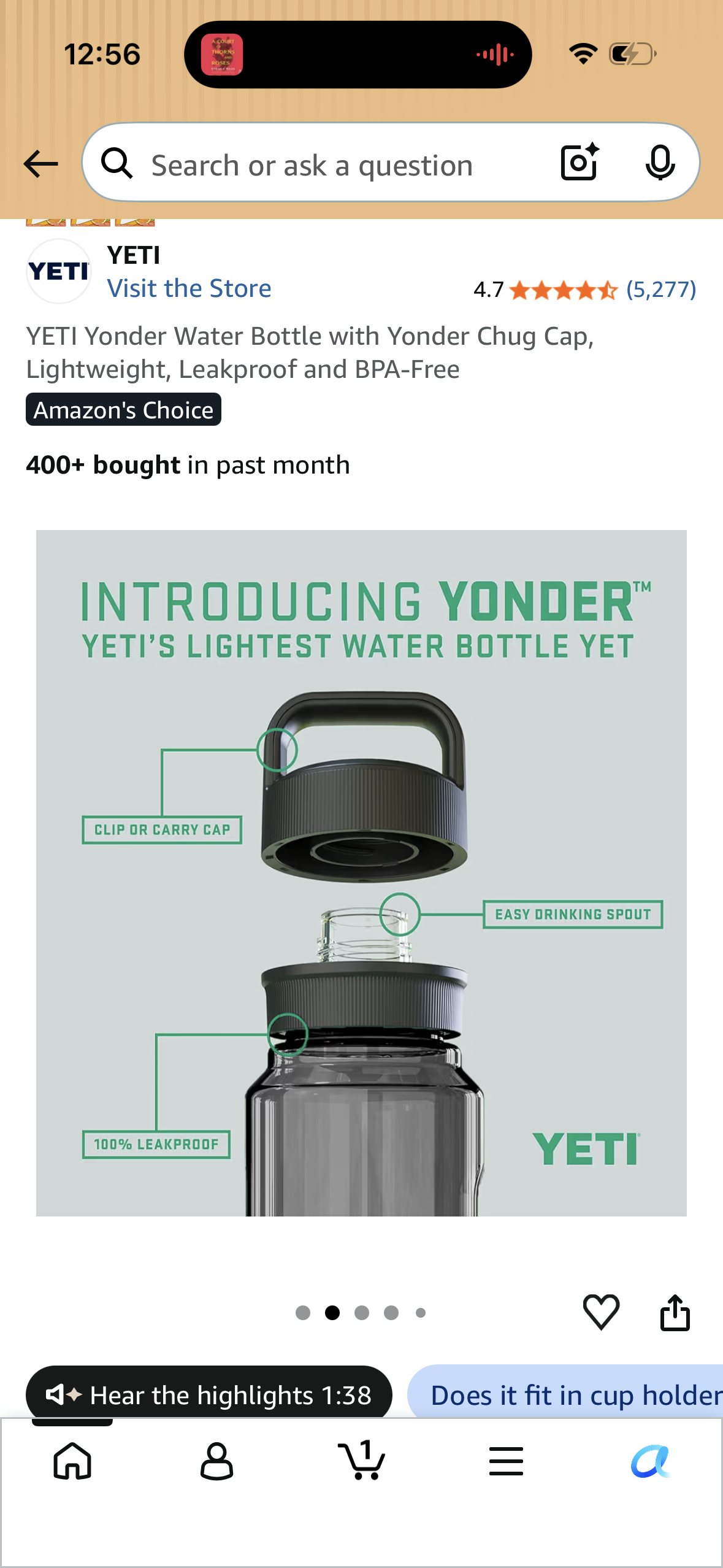 YETI Yonder Water Bottle with Yonder Chug Cap, Lightweight, Leakproof and BPA-Free