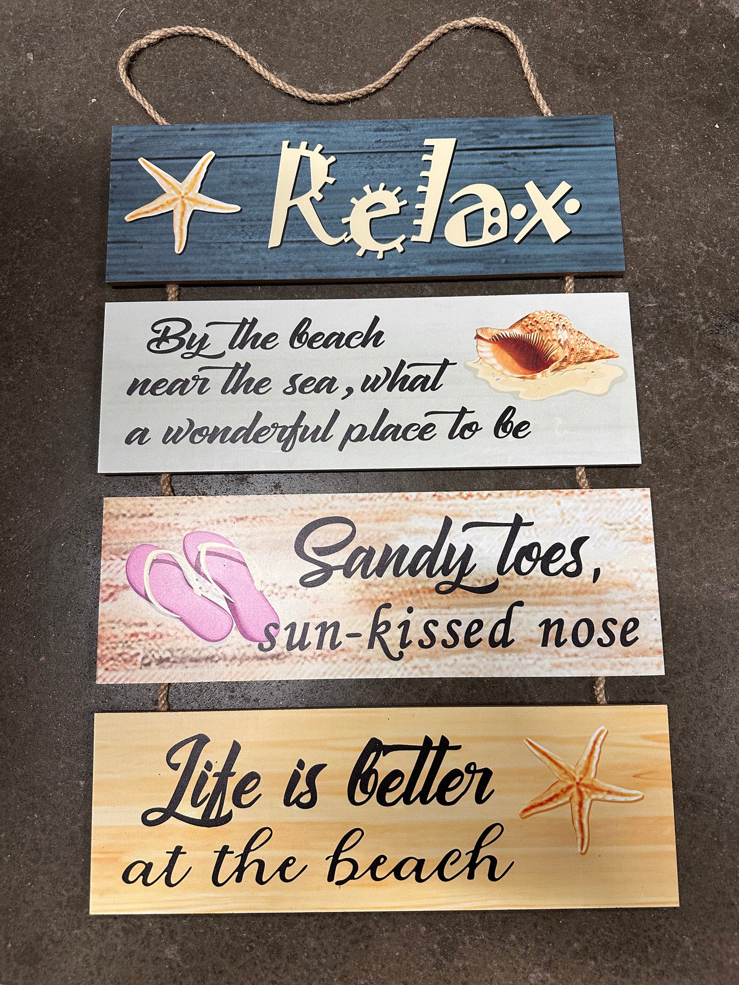 Koahla Beach House Indoor Decorative Sign, 17.6 x 11.8 inches, 4 Pieces Of Colorful MDF Wood Attached By A Rope. Ready To Use Out Of The Box.