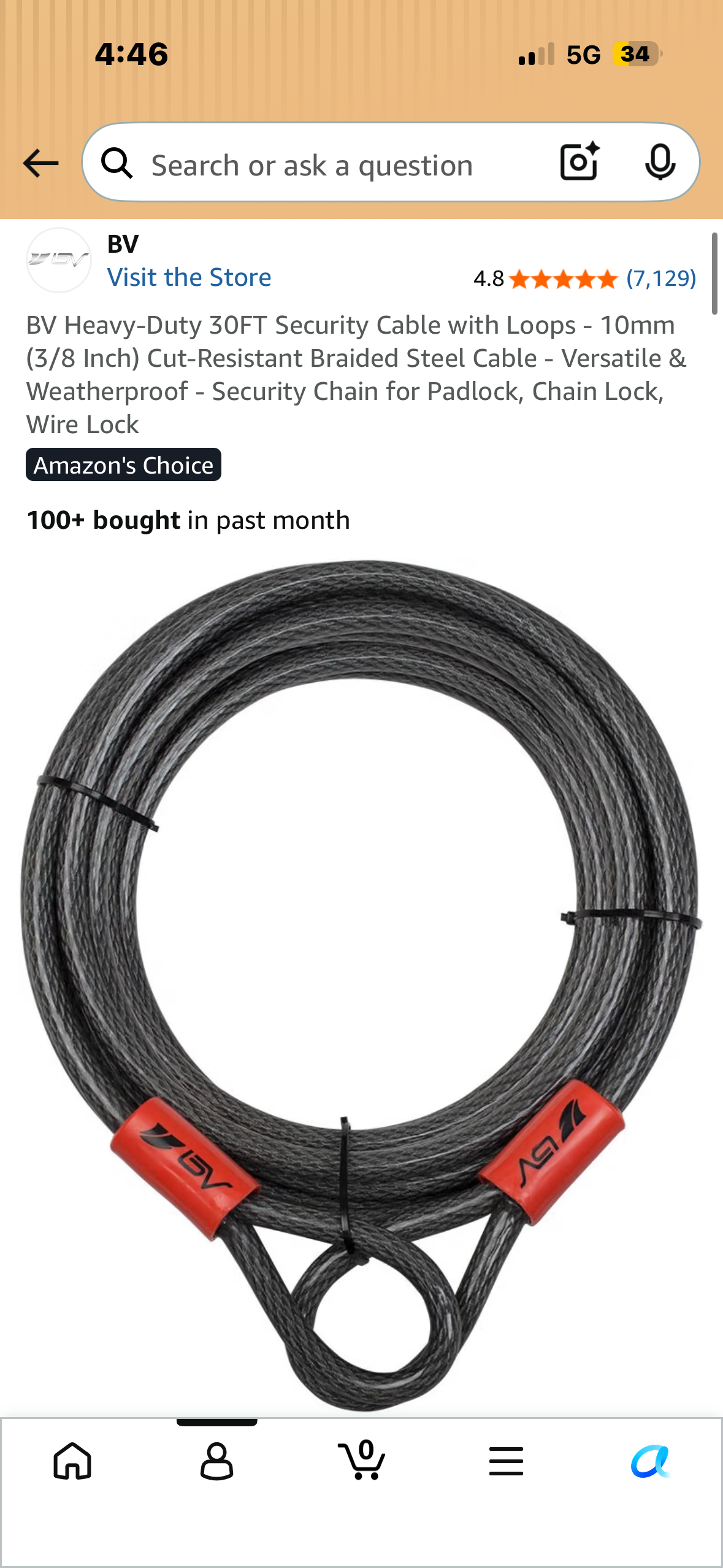 BV Heavy-Duty 30FT Security Cable with Loops - 10mm (3/8 Inch) Cut-Resistant Braided Steel Cable - Versatile & Weatherproof - Security Chain for Padlock, Chain Lock, Wire Lock