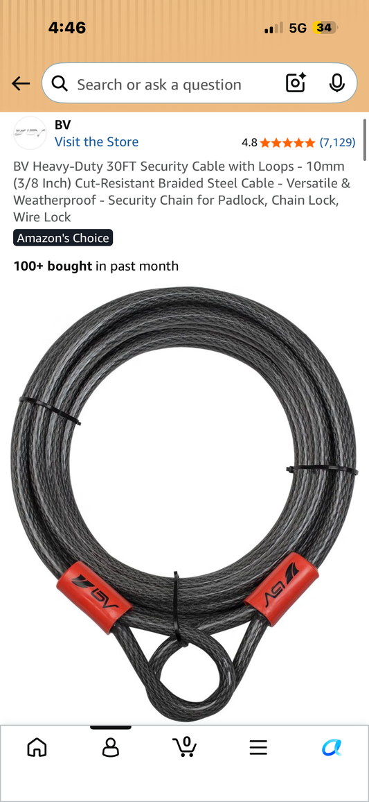 BV Heavy-Duty 30FT Security Cable with Loops - 10mm (3/8 Inch) Cut-Resistant Braided Steel Cable - Versatile & Weatherproof - Security Chain for Padlock, Chain Lock, Wire Lock