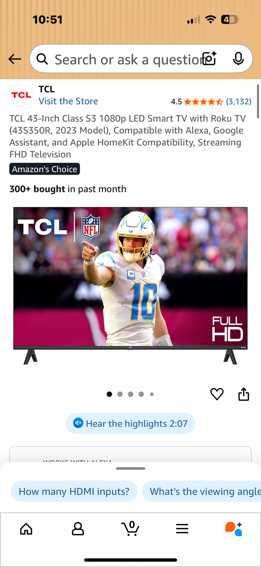 TCL 43-Inch Class S3 1080p LED Smart TV with Roku TV (43S350R, 2023 Model), Compatible with Alexa, Google Assistant, and Apple HomeKit Compatibility, Streaming FHD Television (R701)