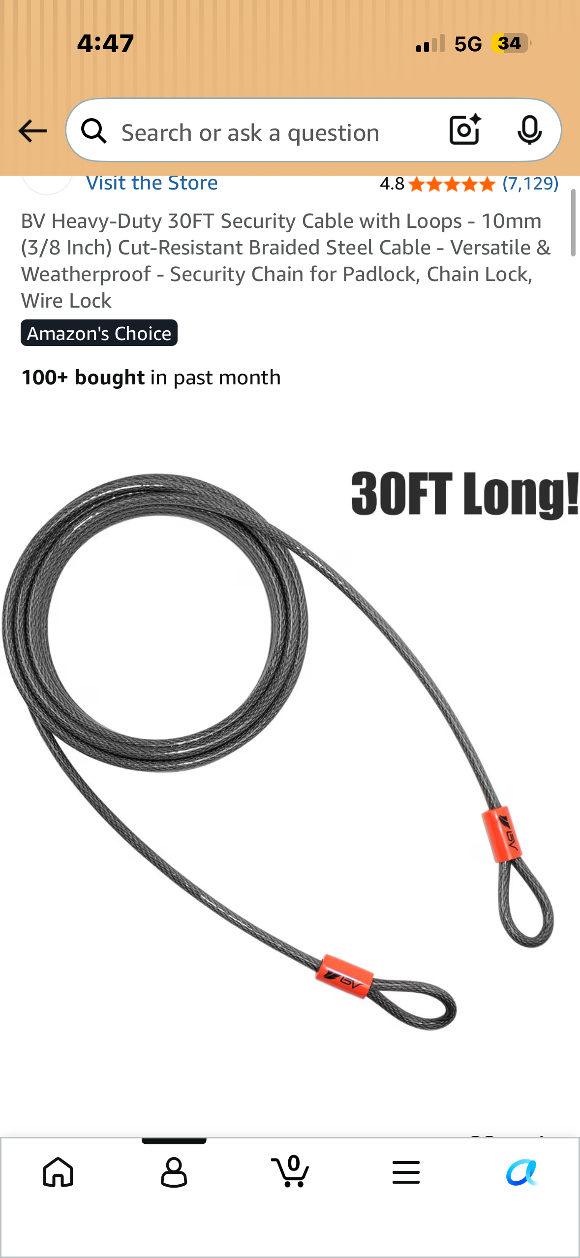 BV Heavy-Duty 30FT Security Cable with Loops - 10mm (3/8 Inch) Cut-Resistant Braided Steel Cable - Versatile & Weatherproof - Security Chain for Padlock, Chain Lock, Wire Lock