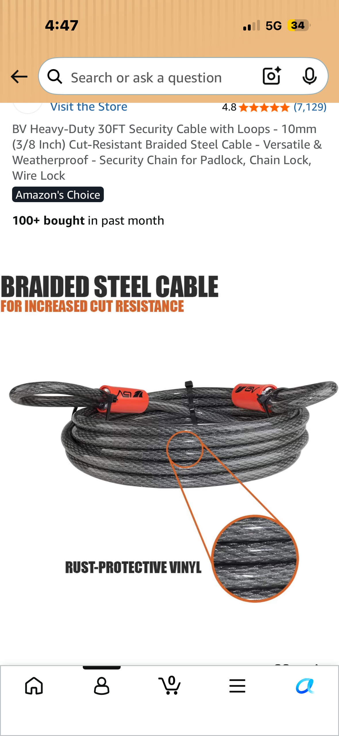 BV Heavy-Duty 30FT Security Cable with Loops - 10mm (3/8 Inch) Cut-Resistant Braided Steel Cable - Versatile & Weatherproof - Security Chain for Padlock, Chain Lock, Wire Lock