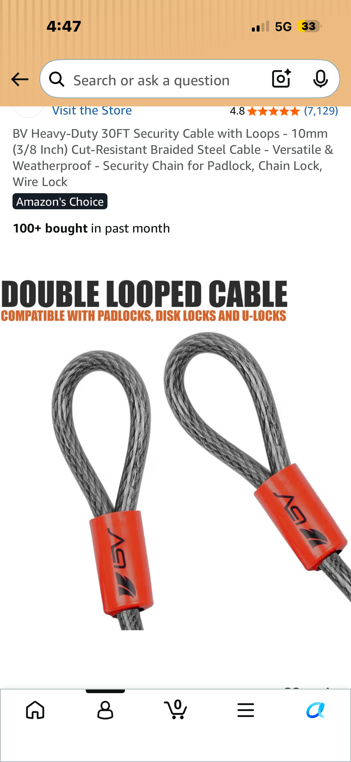 BV Heavy-Duty 30FT Security Cable with Loops - 10mm (3/8 Inch) Cut-Resistant Braided Steel Cable - Versatile & Weatherproof - Security Chain for Padlock, Chain Lock, Wire Lock
