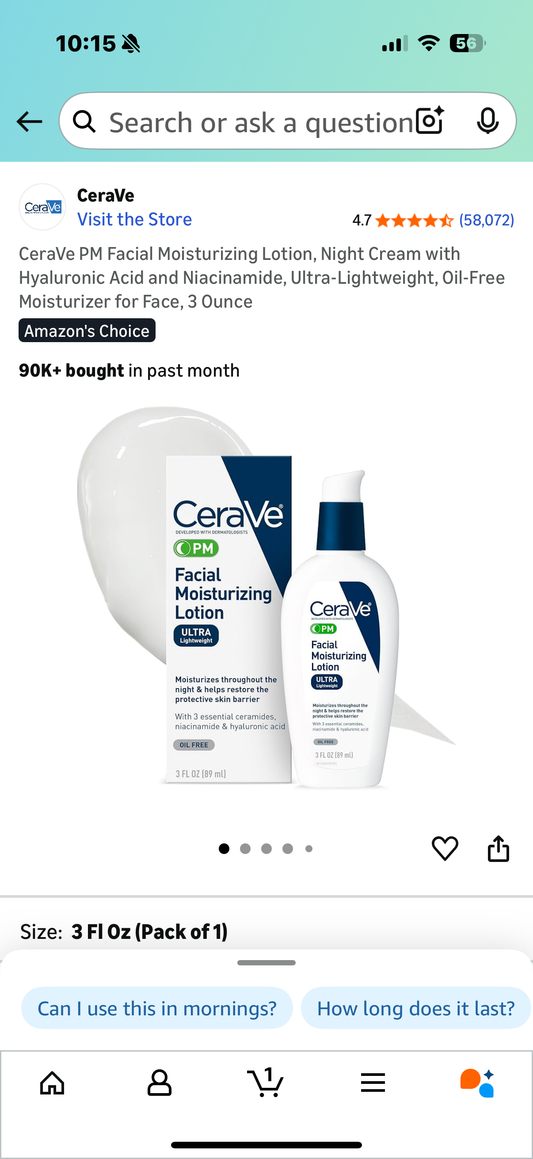 CeraVe PM Facial Moisturizing Lotion, Night Cream with Hyaluronic Acid and Niacinamide, Ultra-Lightweight, Oil-Free Moisturizer for Face, 3 Ounce