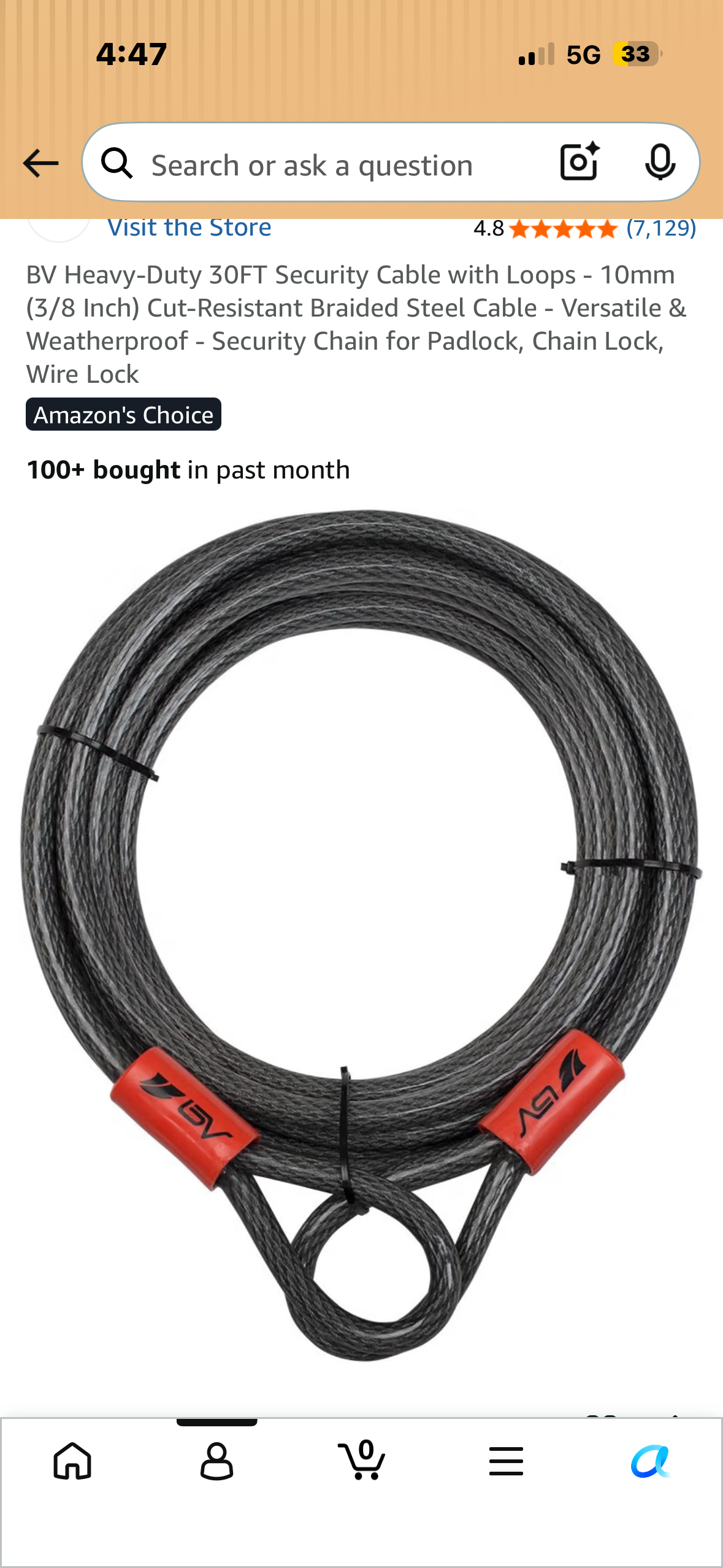 BV Heavy-Duty 30FT Security Cable with Loops - 10mm (3/8 Inch) Cut-Resistant Braided Steel Cable - Versatile & Weatherproof - Security Chain for Padlock, Chain Lock, Wire Lock