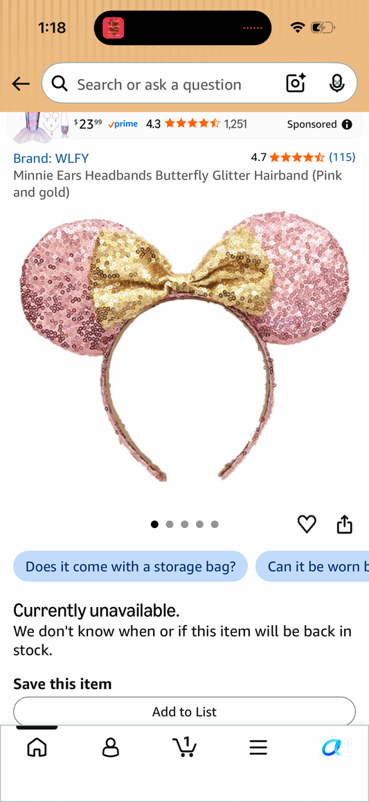 Minnie Ears Headbands Butterfly Glitter Hairband (Pink and gold)