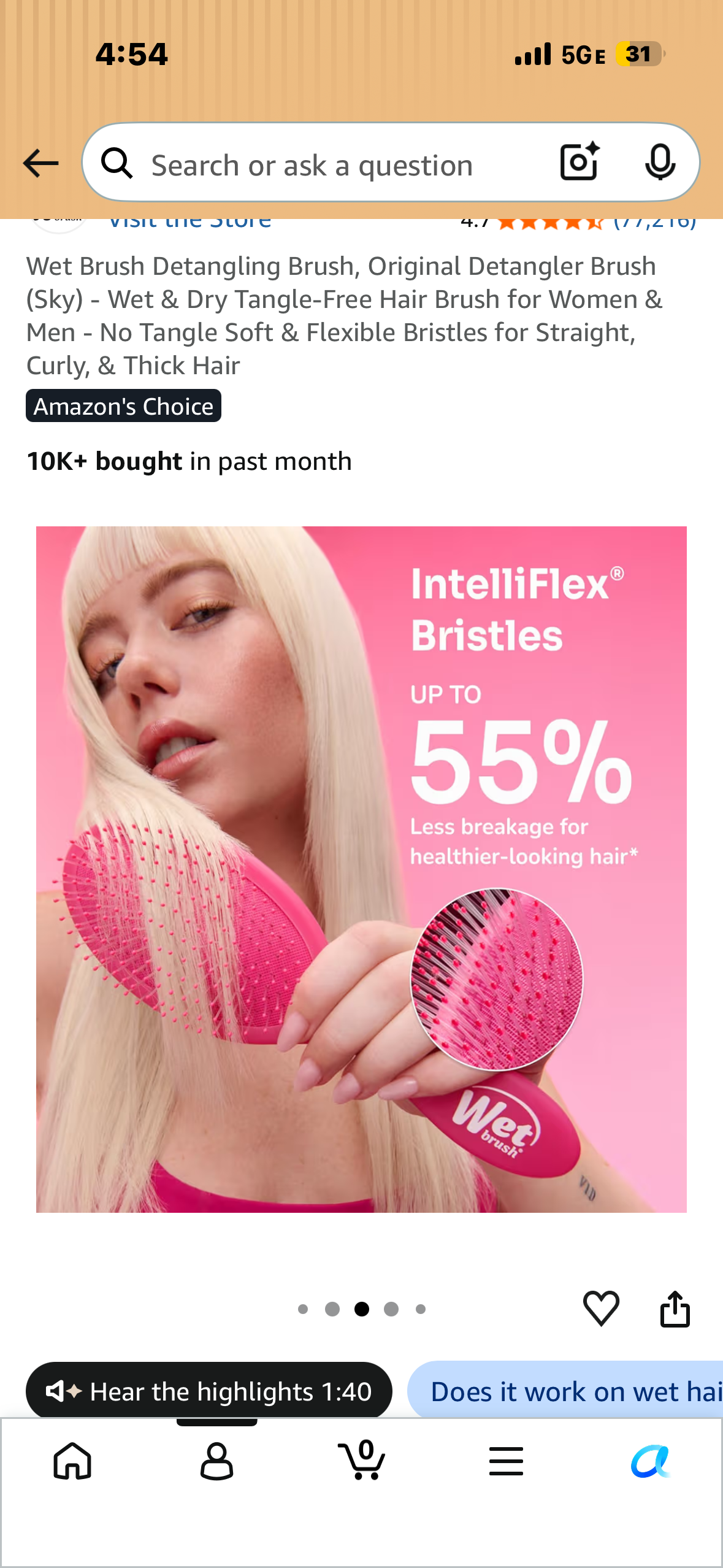 Wet Brush Detangling Brush, Original Detangler Brush (Sky) - Wet & Dry Tangle-Free Hair Brush for Women & Men - No Tangle Soft & Flexible Bristles for Straight, Curly, & Thick Hair