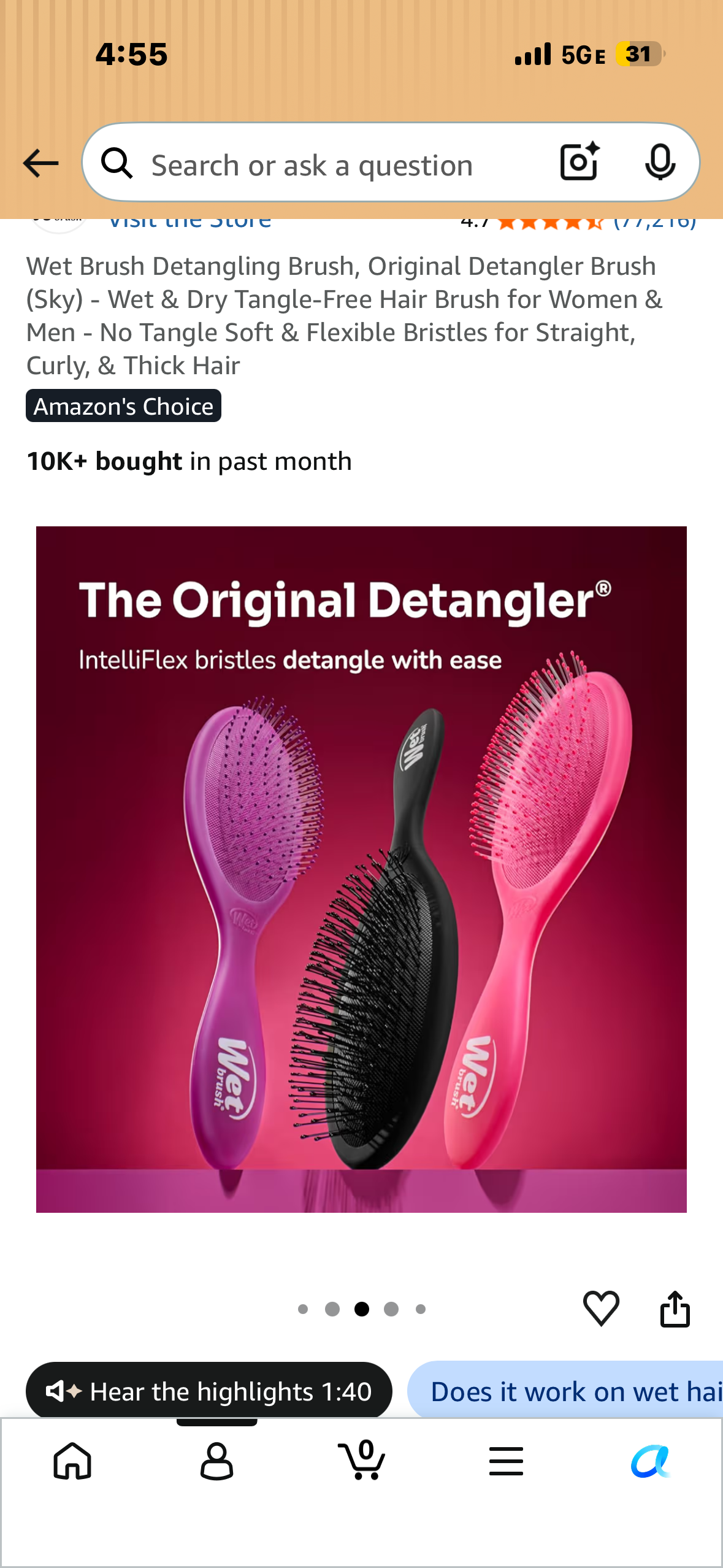 Wet Brush Detangling Brush, Original Detangler Brush (Sky) - Wet & Dry Tangle-Free Hair Brush for Women & Men - No Tangle Soft & Flexible Bristles for Straight, Curly, & Thick Hair