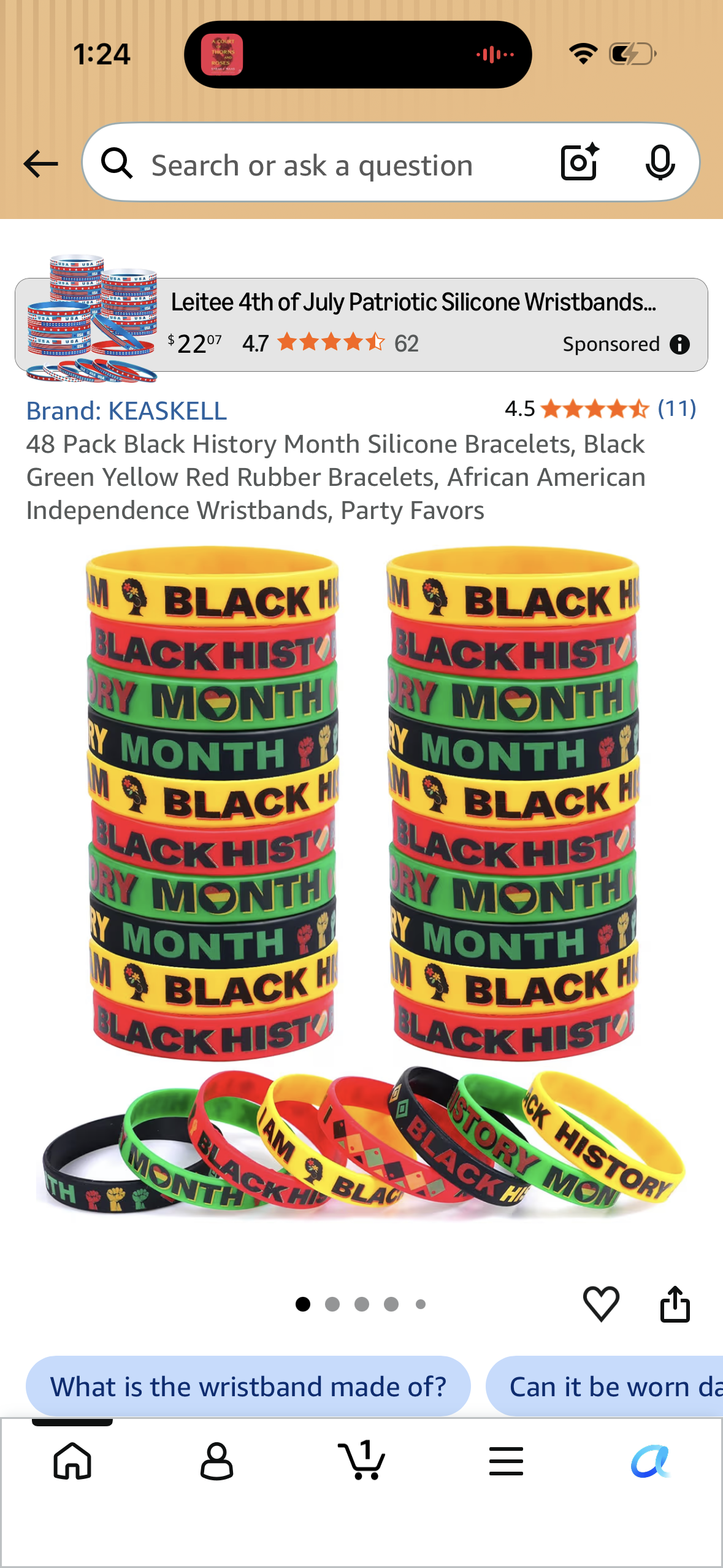 48 Pack Black History Month Silicone Bracelets, Black Green Yellow Red Rubber Bracelets, African American Independence Wristbands, Party Favors