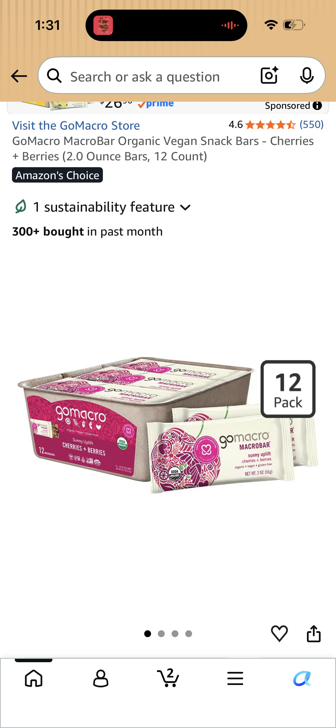 GoMacro MacroBar Organic Vegan Snack Bars - Cherries + Berries (2.0 Ounce Bars, 12 Count) Best by 09/10/2026