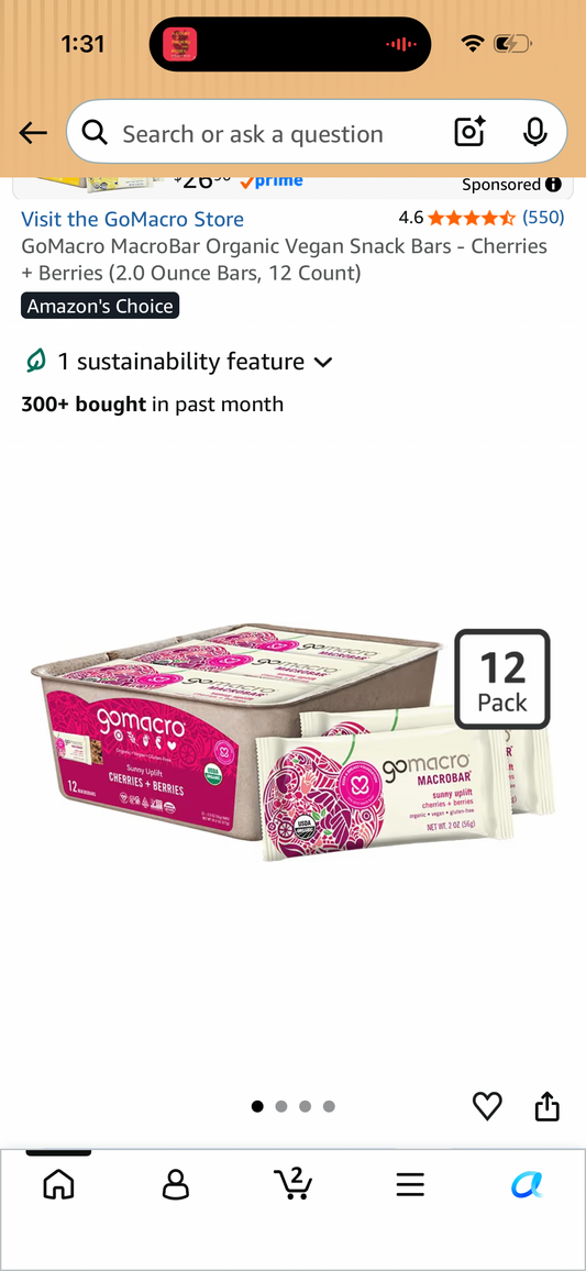 GoMacro MacroBar Organic Vegan Snack Bars - Cherries + Berries (2.0 Ounce Bars, 12 Count) Best by 09/10/2026