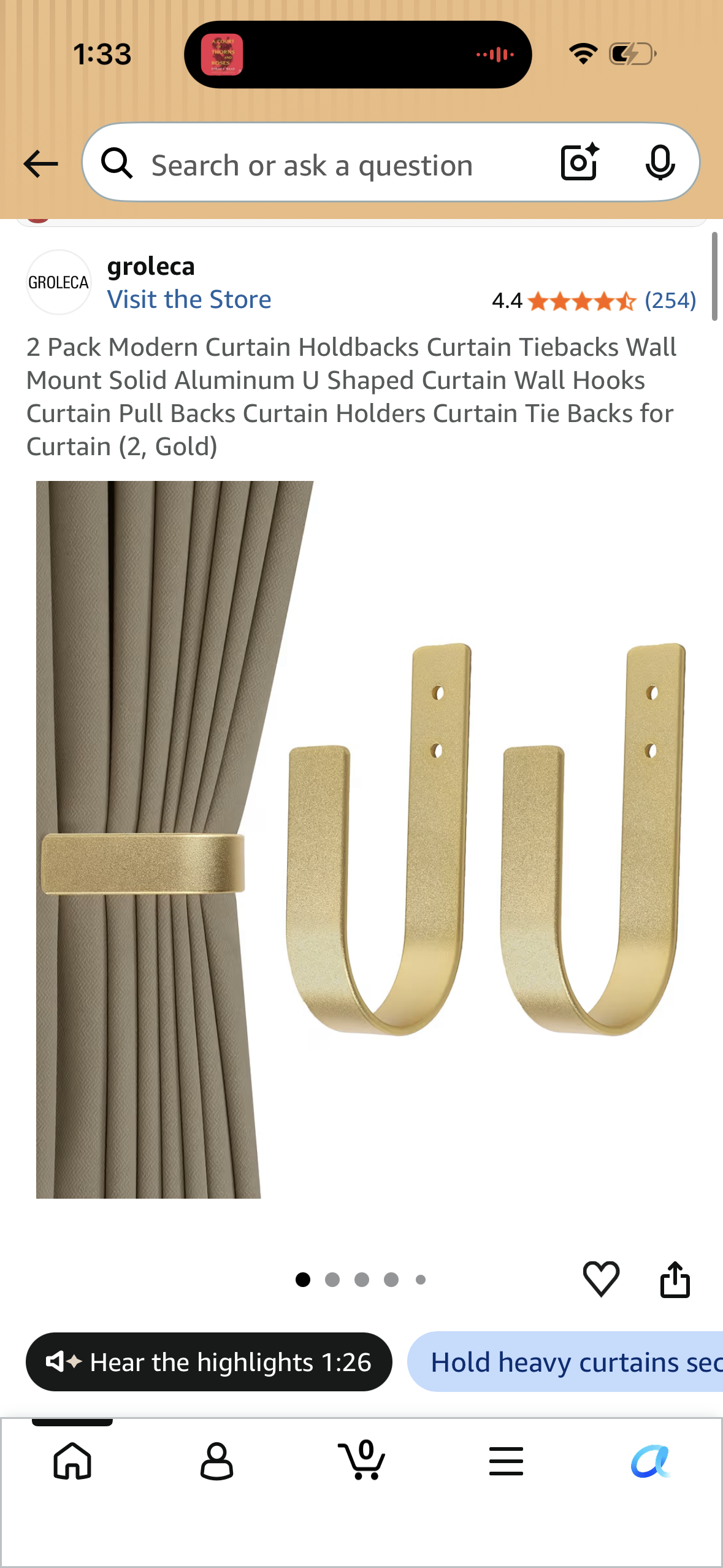 2 Pack Modern Curtain Holdbacks Curtain Tiebacks Wall Mount Solid Aluminum U Shaped Curtain Wall Hooks Curtain Pull Backs Curtain Holders Curtain Tie Backs for Curtain (2, Gold)