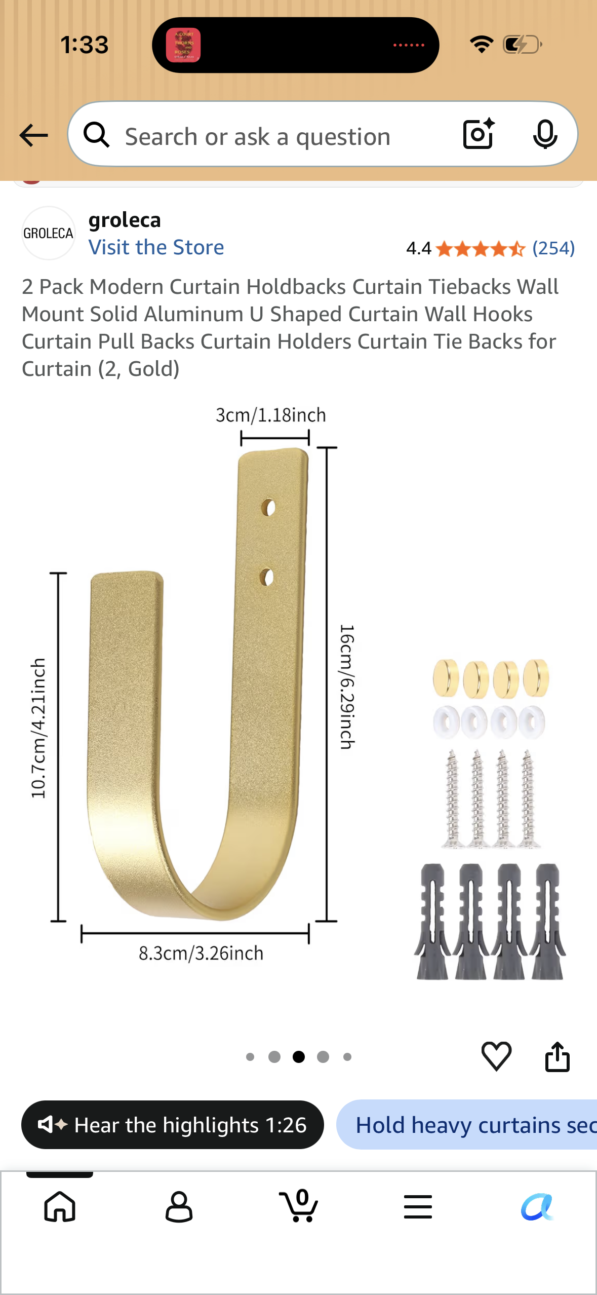 2 Pack Modern Curtain Holdbacks Curtain Tiebacks Wall Mount Solid Aluminum U Shaped Curtain Wall Hooks Curtain Pull Backs Curtain Holders Curtain Tie Backs for Curtain (2, Gold)