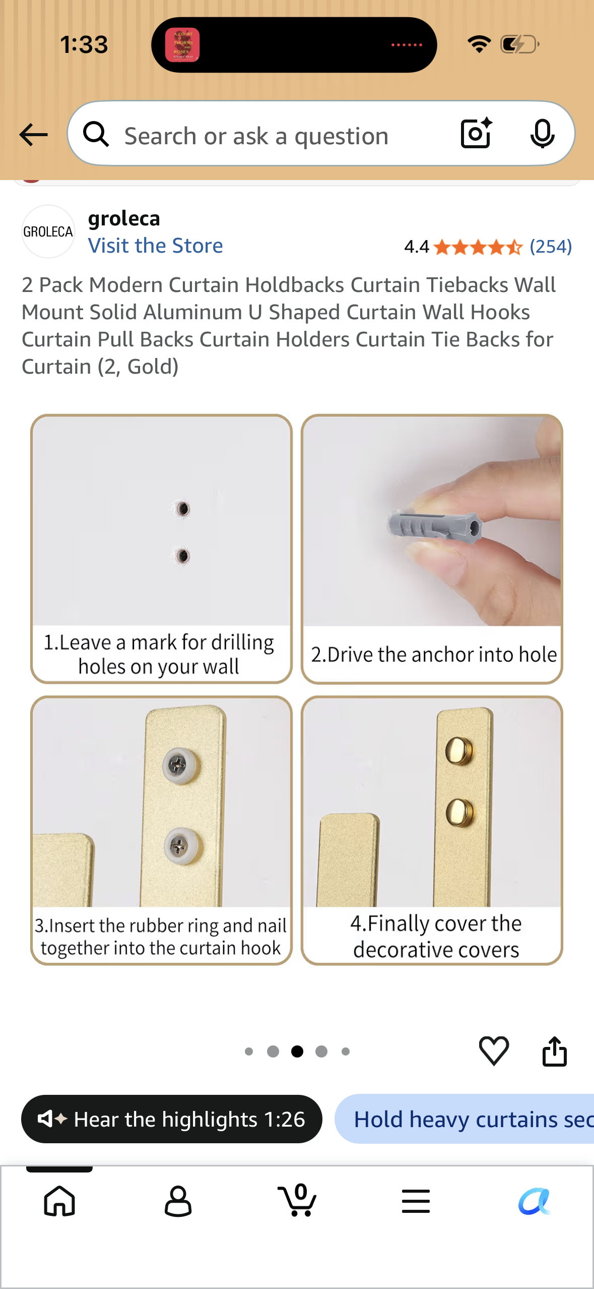 2 Pack Modern Curtain Holdbacks Curtain Tiebacks Wall Mount Solid Aluminum U Shaped Curtain Wall Hooks Curtain Pull Backs Curtain Holders Curtain Tie Backs for Curtain (2, Gold)