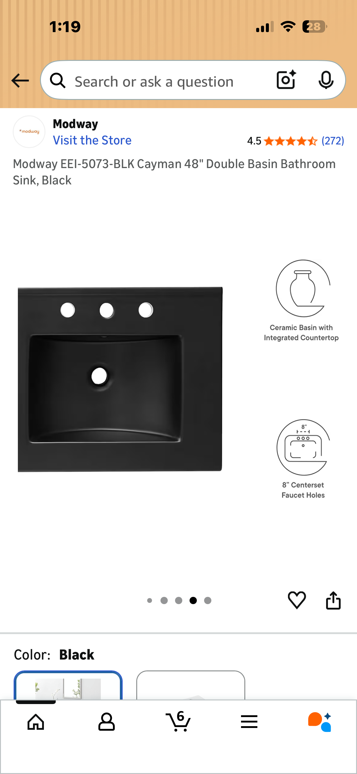 Modway EEI-5073-BLK Cayman 48" Double Basin Bathroom Sink, Black (B1181)