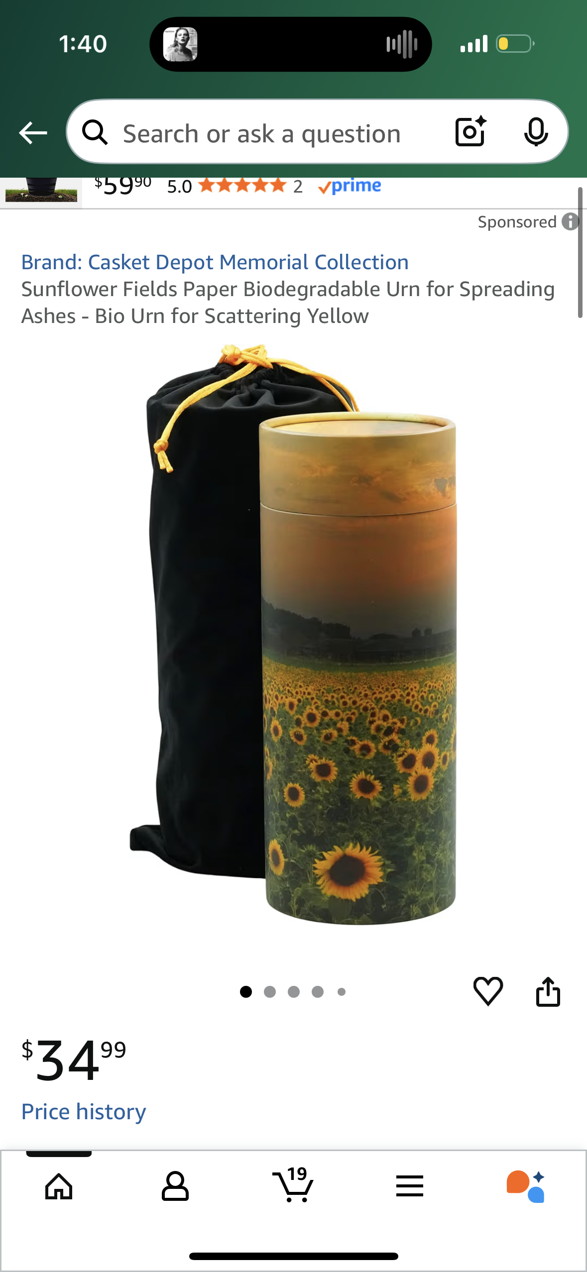 Sunflower Fields Paper Biodegradable Urn for Spreading Ashes - Bio Urn for Scattering Yellow