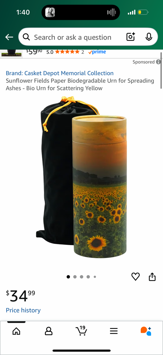 Sunflower Fields Paper Biodegradable Urn for Spreading Ashes - Bio Urn for Scattering Yellow