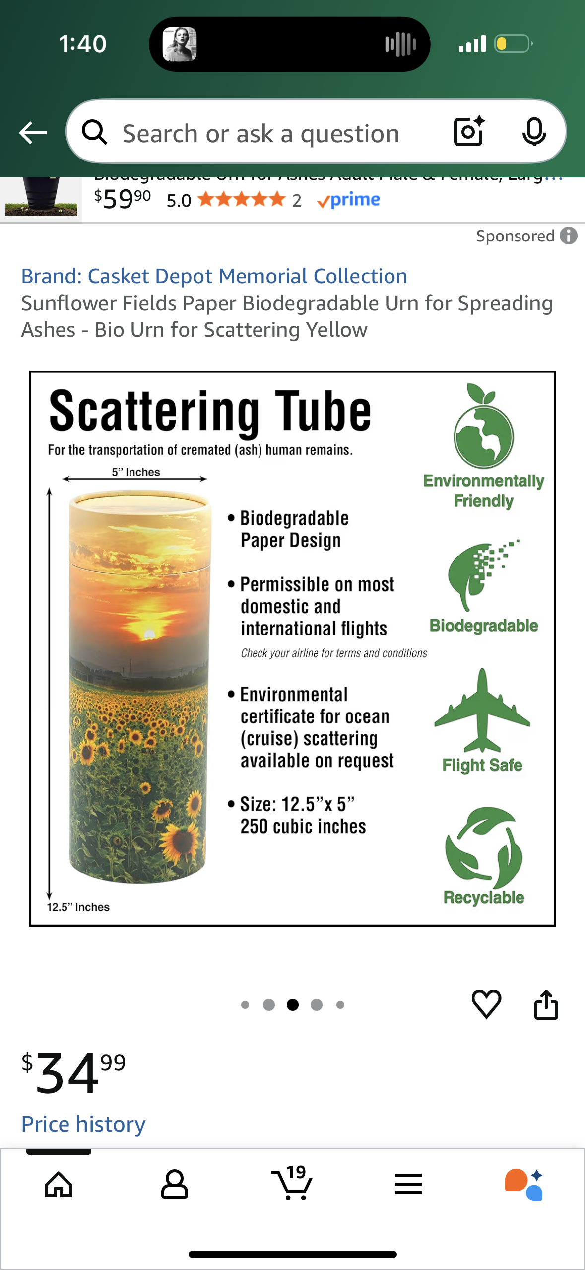 Sunflower Fields Paper Biodegradable Urn for Spreading Ashes - Bio Urn for Scattering Yellow