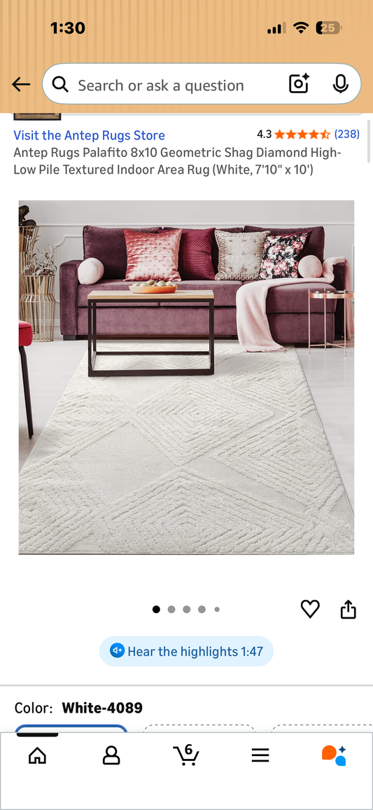 Antep Rugs Palafito Geometric Shag Diamond High-Low Pile Textured Indoor Area Rug (White, 7'10" x 10') (L1139)