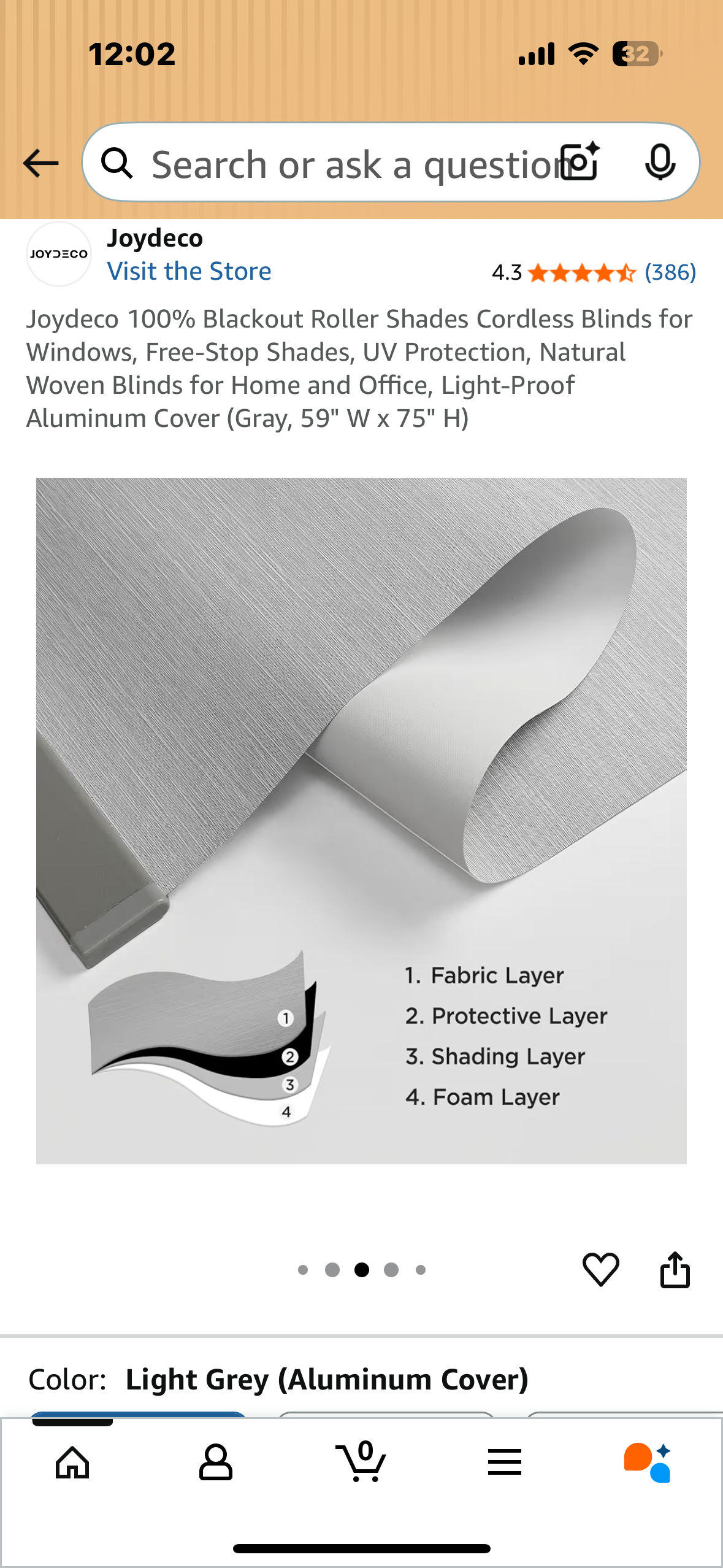 Joydeco 100% Blackout Roller Shades, Cordless Blinds for Windows, Free-Stop Shades, UV Protection, Natural Woven Blinds for Home and Office, Light-Proof Aluminum Cover (Gray, 59" W x 75" H) (L1040)