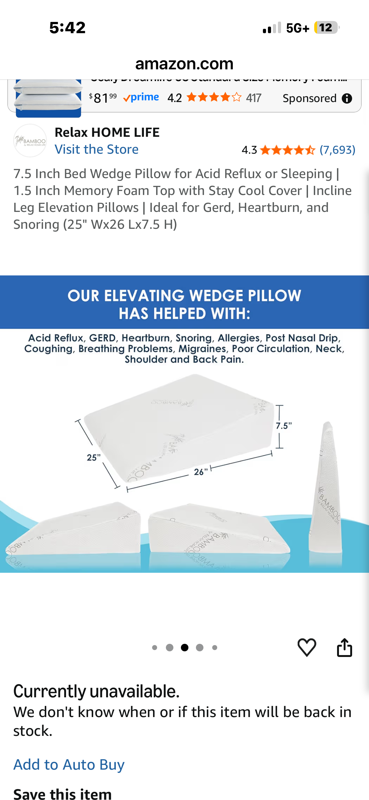 7.5 Inch Bed Wedge Pillow for Acid Reflux or Sleeping | 1.5 Inch Memory Foam Top with Stay Cool Cover | Incline Leg Elevation Pillows | Ideal for Gerd, Heartburn, and Snoring (25" Wx26 Lx7.5 H)