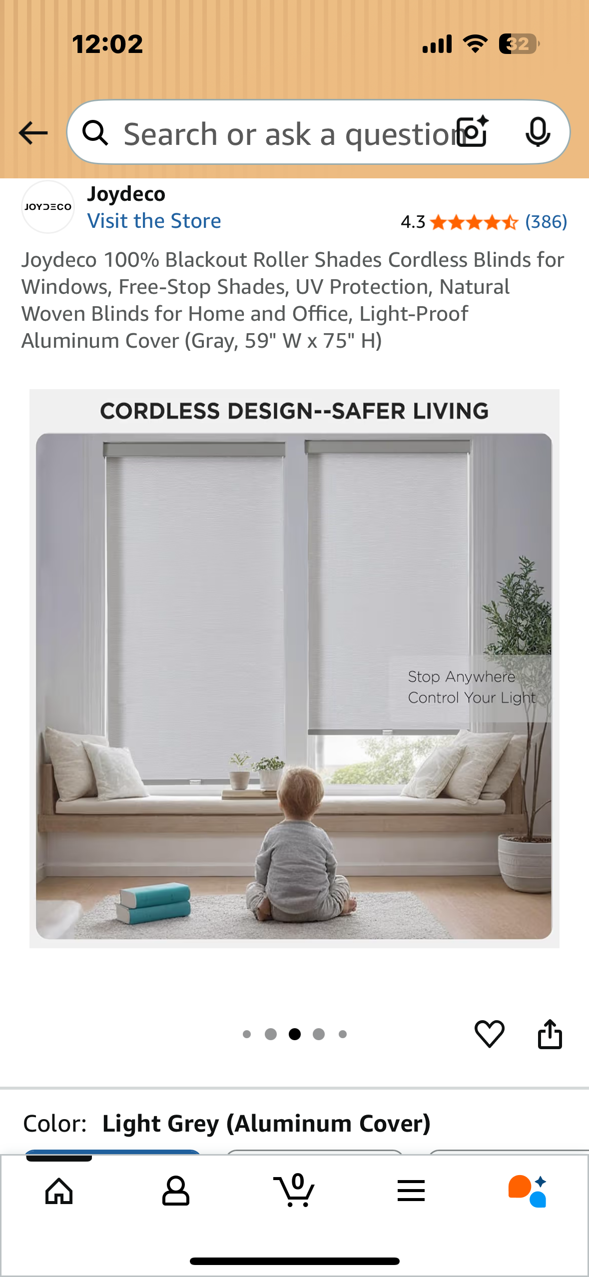 Joydeco 100% Blackout Roller Shades, Cordless Blinds for Windows, Free-Stop Shades, UV Protection, Natural Woven Blinds for Home and Office, Light-Proof Aluminum Cover (Gray, 59" W x 75" H) (L1040)