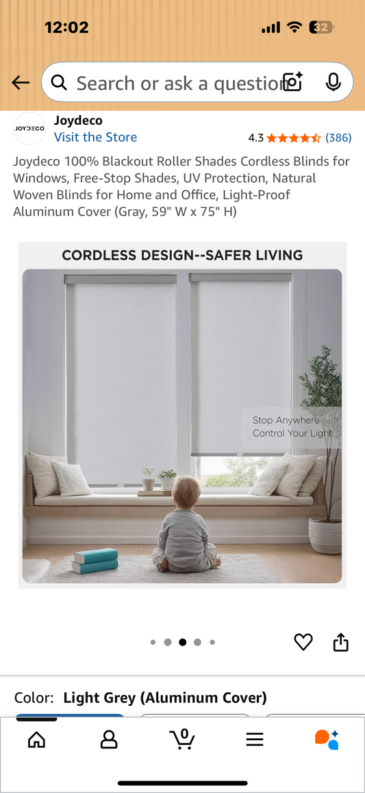Joydeco 100% Blackout Roller Shades, Cordless Blinds for Windows, Free-Stop Shades, UV Protection, Natural Woven Blinds for Home and Office, Light-Proof Aluminum Cover (Gray, 59" W x 75" H) (L1040)