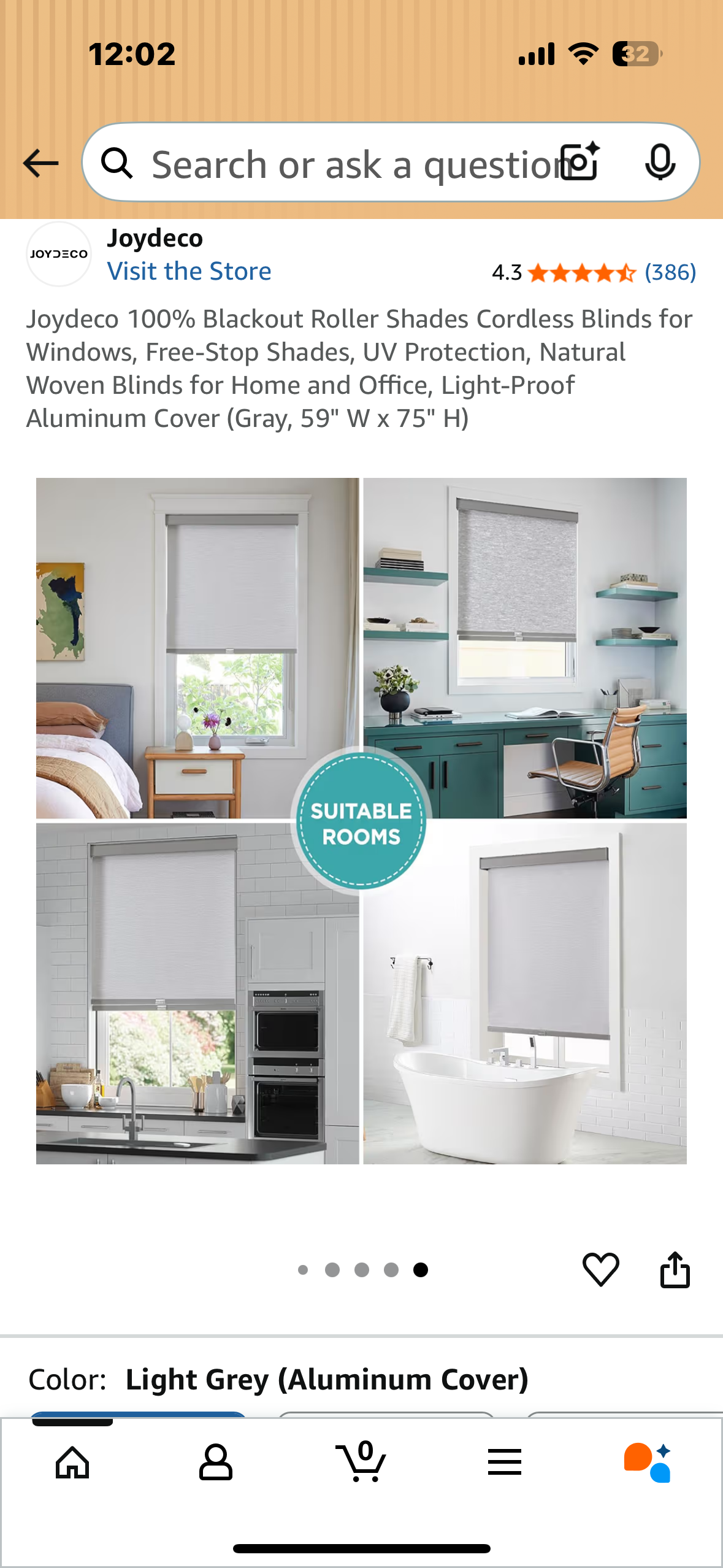 Joydeco 100% Blackout Roller Shades, Cordless Blinds for Windows, Free-Stop Shades, UV Protection, Natural Woven Blinds for Home and Office, Light-Proof Aluminum Cover (Gray, 59" W x 75" H) (L1040)