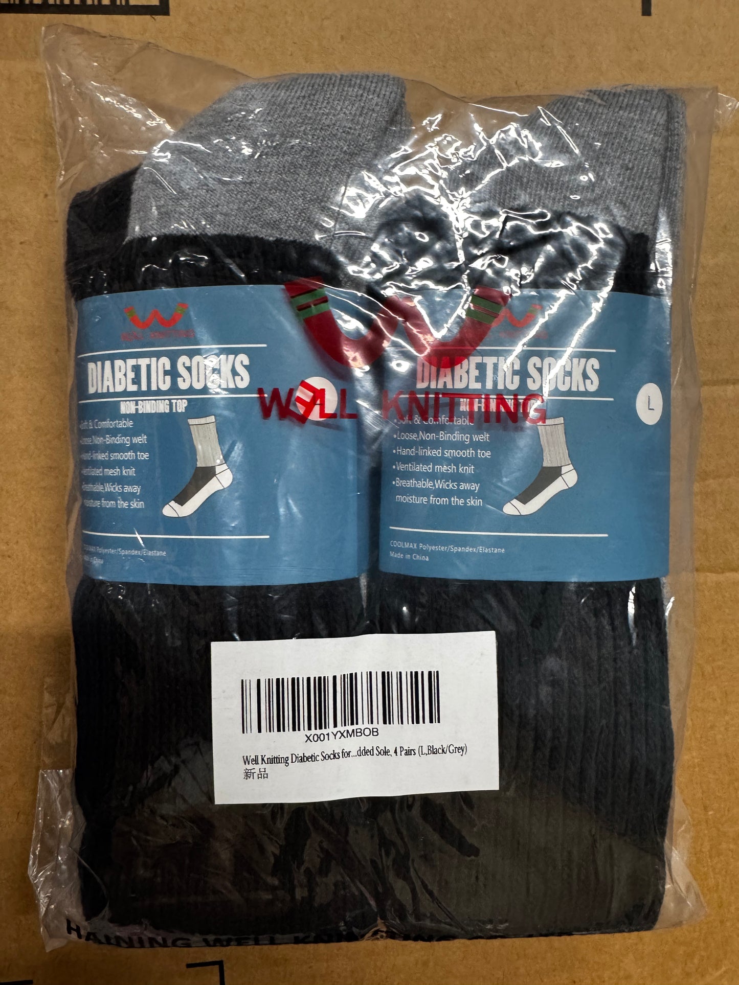 Well Knitting Loose Men's Diabetic Crew Socks, Non-Binding Top, Seamless Toe, Semi Cushion, Breathable Soft Coolmax Socks 4 Pairs, Black and Grey (Size Large: US 8-12 Men’s/US 9.5-13 Women’s)