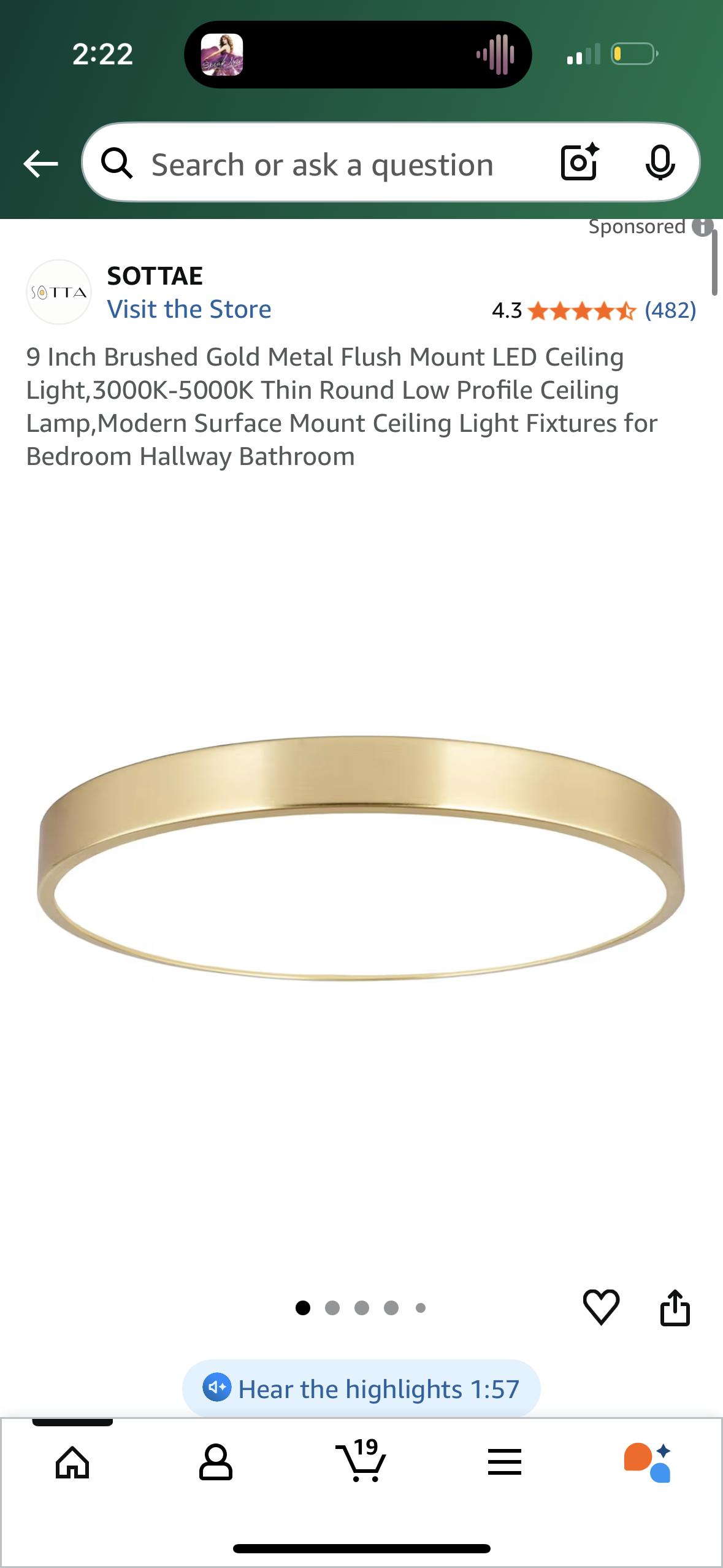 9 Inch Brushed Gold Metal Flush Mount LED Ceiling Light,3000K-5000K Thin Round Low Profile Ceiling Lamp,Modern Surface Mount Ceiling Light Fixtures for Bedroom Hallway Bathroom