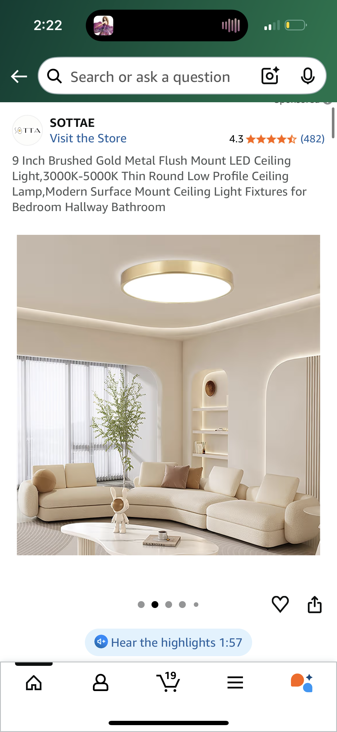 9 Inch Brushed Gold Metal Flush Mount LED Ceiling Light,3000K-5000K Thin Round Low Profile Ceiling Lamp,Modern Surface Mount Ceiling Light Fixtures for Bedroom Hallway Bathroom