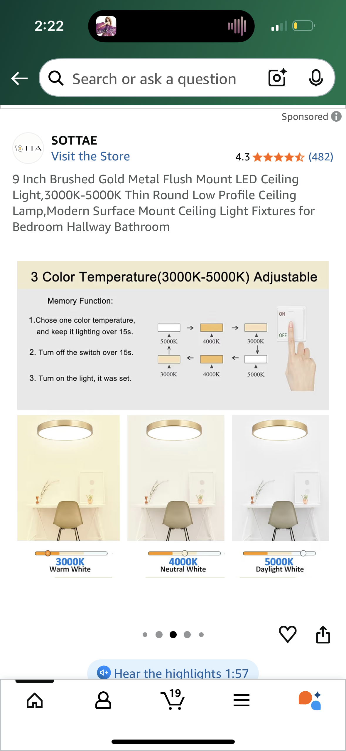 9 Inch Brushed Gold Metal Flush Mount LED Ceiling Light,3000K-5000K Thin Round Low Profile Ceiling Lamp,Modern Surface Mount Ceiling Light Fixtures for Bedroom Hallway Bathroom