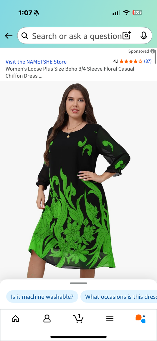 Women’s Loose Plus Size Boho 3/4 Sleeve Floral Casual Chiffon Dress (Size 26 plus)