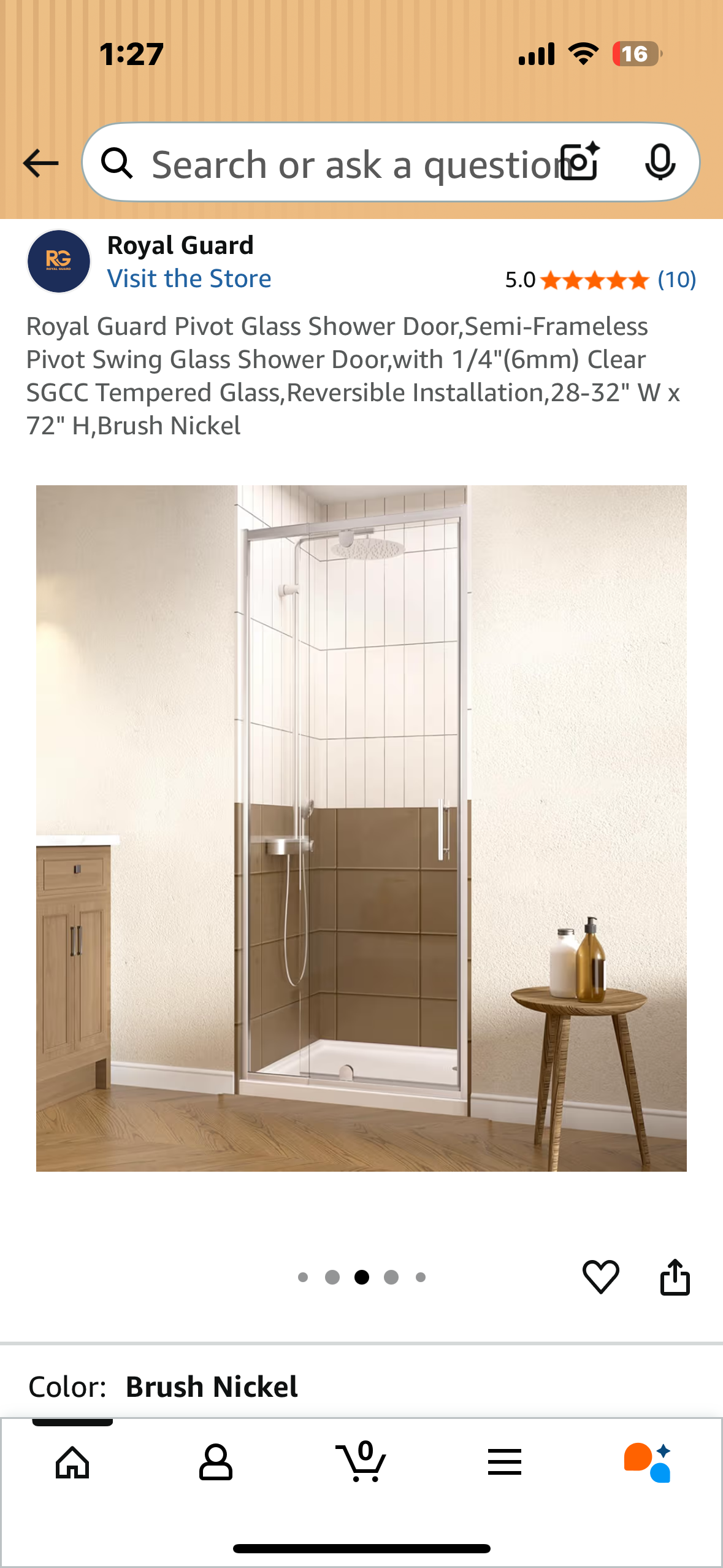 Royal Guard Pivot Glass Shower Door, Semi-Frameless Pivot Swing Glass Shower Door,with 1/4"(6mm) Clear SGCC Tempered Glass, Reversible Installation, 28-32" W x 72" H,Brush Nickel (B1118)