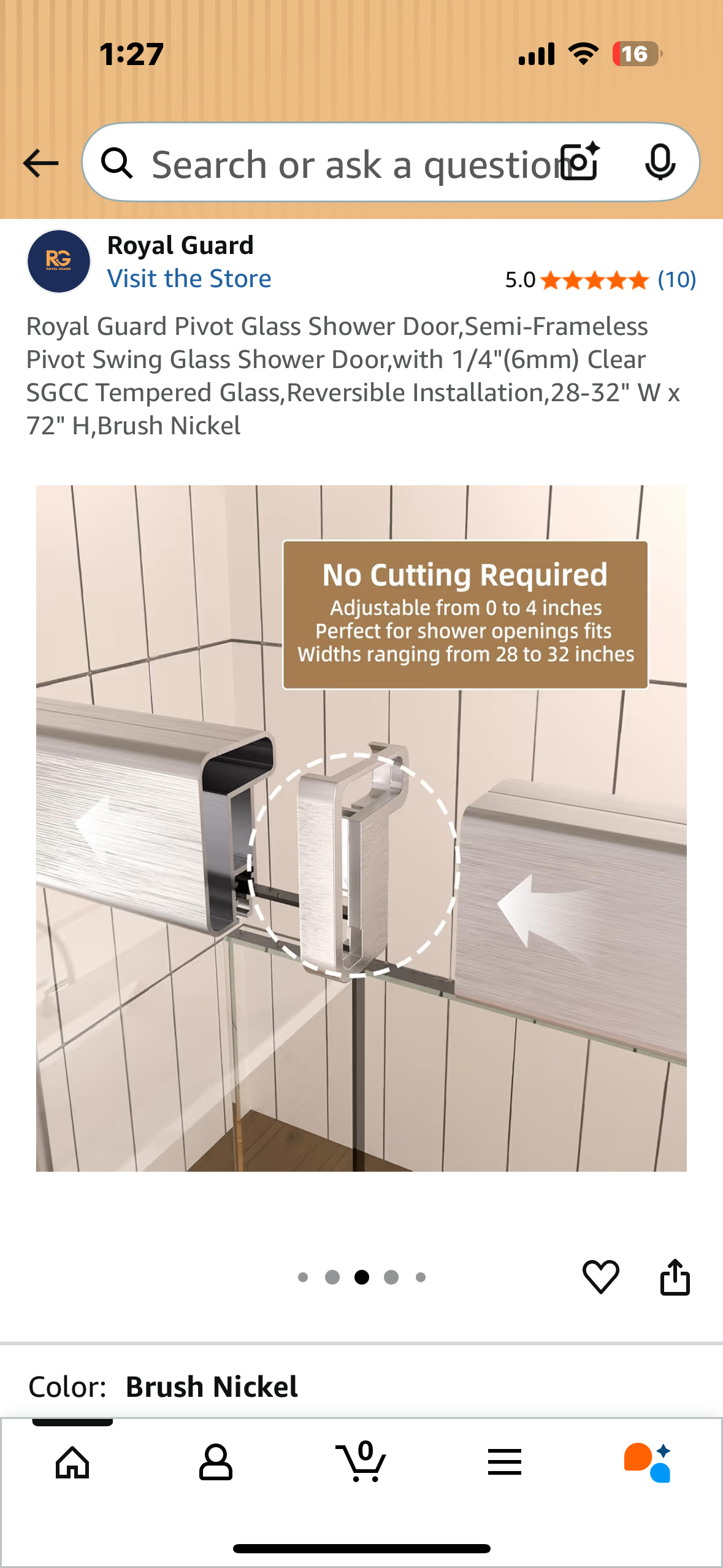 Royal Guard Pivot Glass Shower Door, Semi-Frameless Pivot Swing Glass Shower Door,with 1/4"(6mm) Clear SGCC Tempered Glass, Reversible Installation, 28-32" W x 72" H,Brush Nickel (B1118)