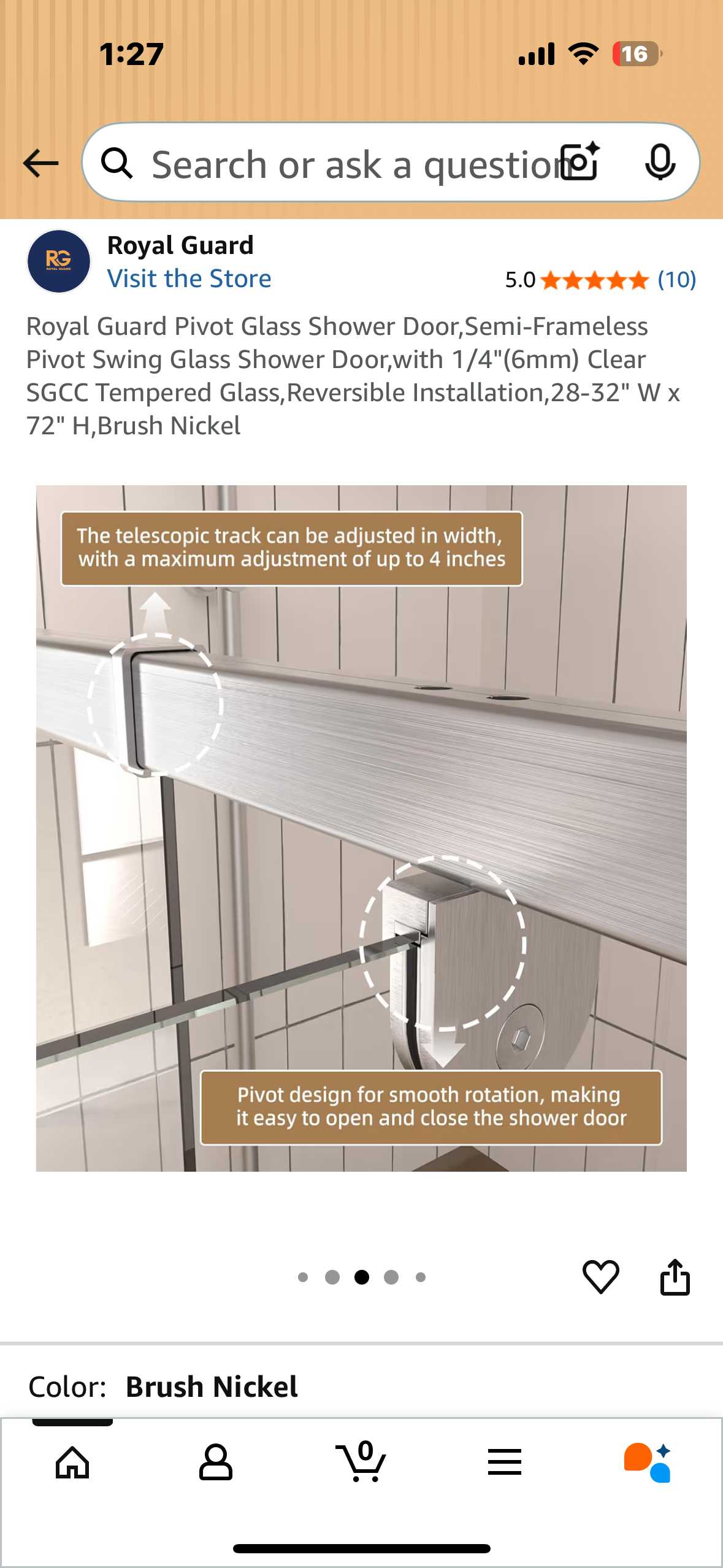 Royal Guard Pivot Glass Shower Door, Semi-Frameless Pivot Swing Glass Shower Door,with 1/4"(6mm) Clear SGCC Tempered Glass, Reversible Installation, 28-32" W x 72" H,Brush Nickel (B1118)