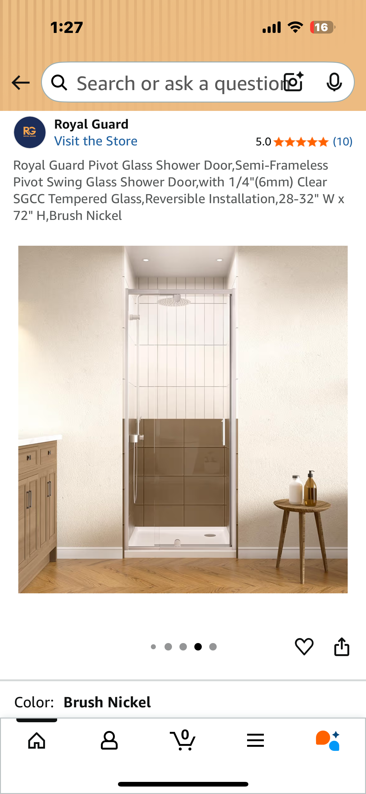 Royal Guard Pivot Glass Shower Door, Semi-Frameless Pivot Swing Glass Shower Door,with 1/4"(6mm) Clear SGCC Tempered Glass, Reversible Installation, 28-32" W x 72" H,Brush Nickel (B1118)
