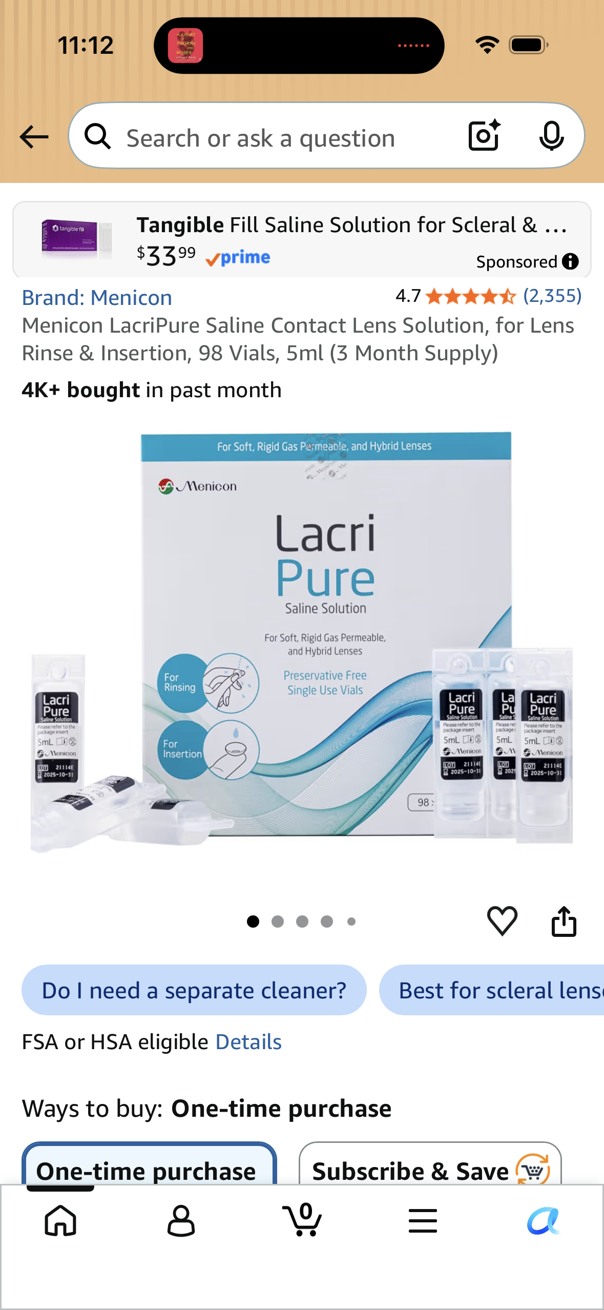 Menicon LacriPure Saline Contact Lens Solution, for Lens Rinse & Insertion, 98 Vials, 5ml (3 Month Supply)