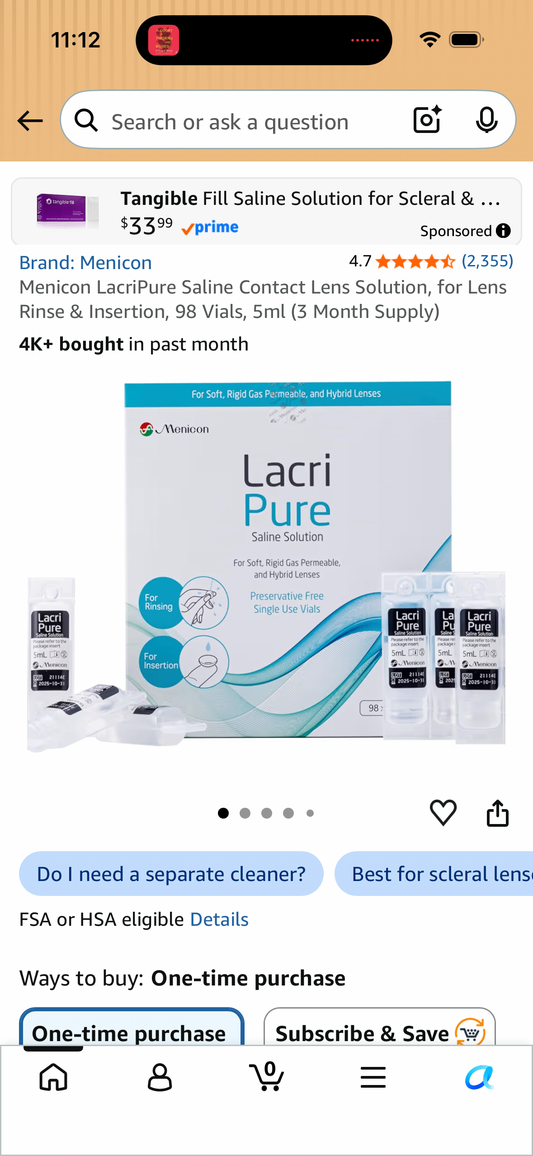 Menicon LacriPure Saline Contact Lens Solution, for Lens Rinse & Insertion, 98 Vials, 5ml (3 Month Supply)