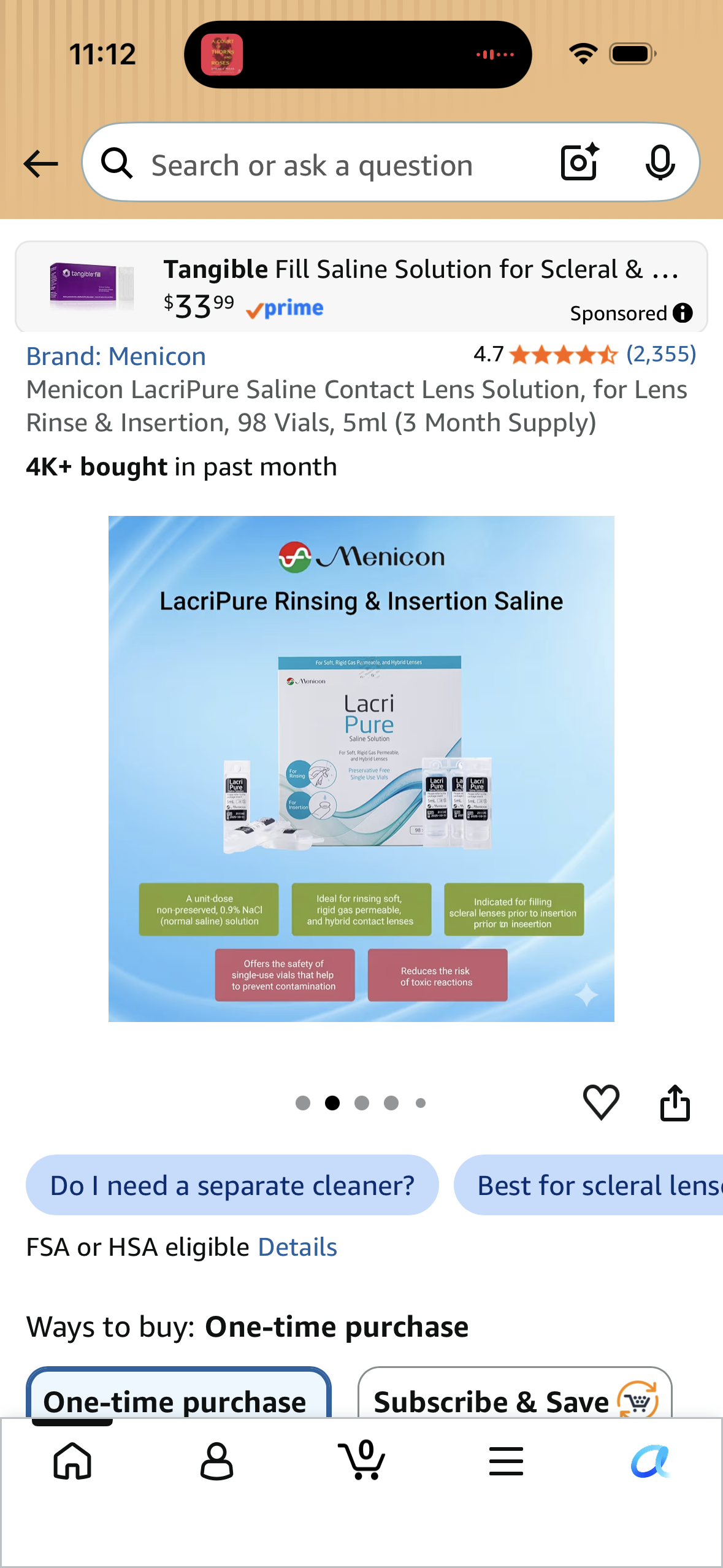Menicon LacriPure Saline Contact Lens Solution, for Lens Rinse & Insertion, 98 Vials, 5ml (3 Month Supply)