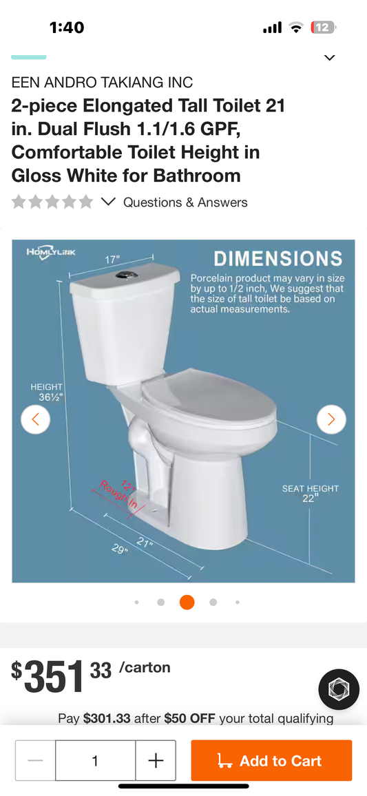 2-piece Elongated Tall Toilet 21 in. Dual Flush 1.1/1.6 GPF, Comfortable Toilet Height in Gloss White for Bathroom (B1119)