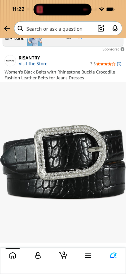 Women's Black Belts with Rhinestone Buckle Crocodile Fashion Leather Belts for Jeans Dresses (Size Large: Fits waist size 35”-39”)